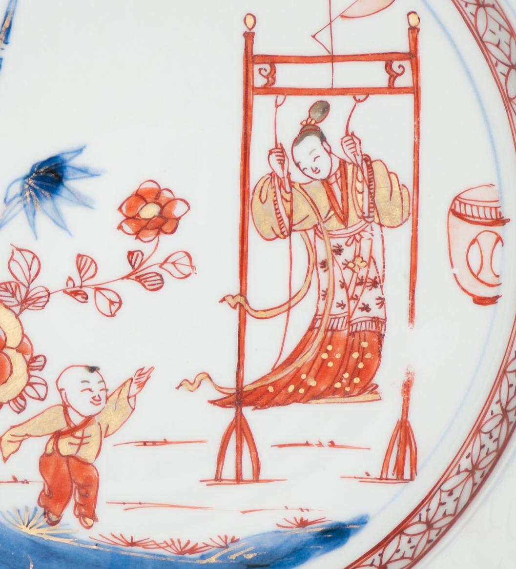 Lovely Antique 18C Imari Dish Qing Chinese Porcelain Lady on Swing Kangxi 8