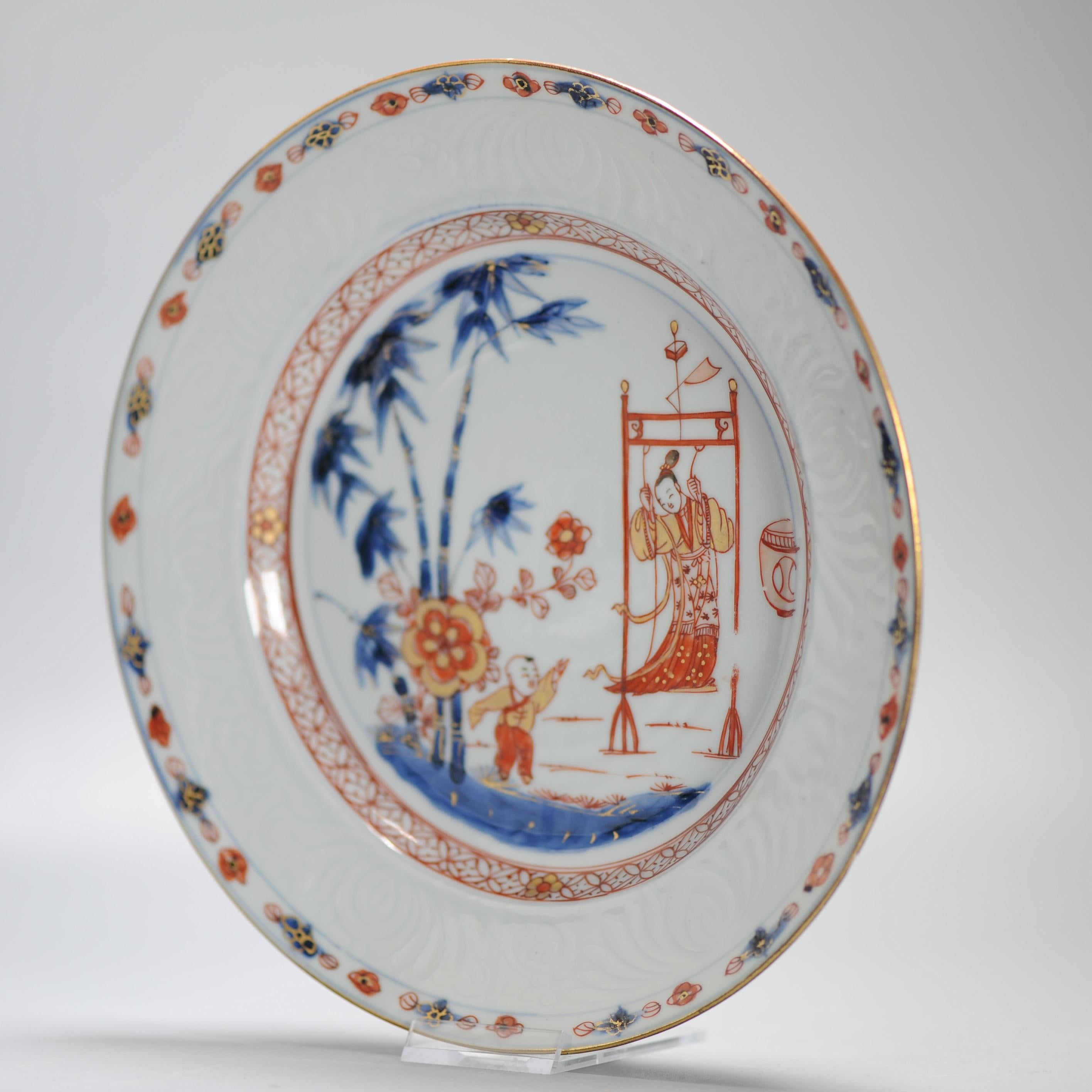 18th Century and Earlier Lovely Antique 18C Imari Dish Qing Chinese Porcelain Lady on Swing Kangxi