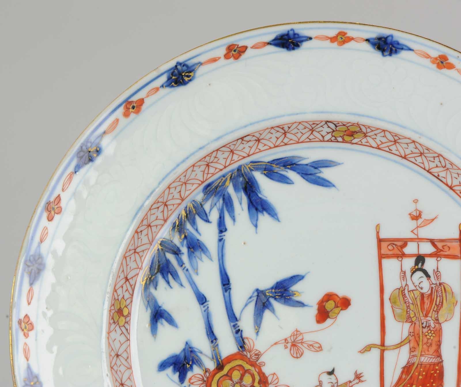 Lovely Antique Imari Dish Qing Chinese Porcelain Lady on Swing Kangxi For Sale 1