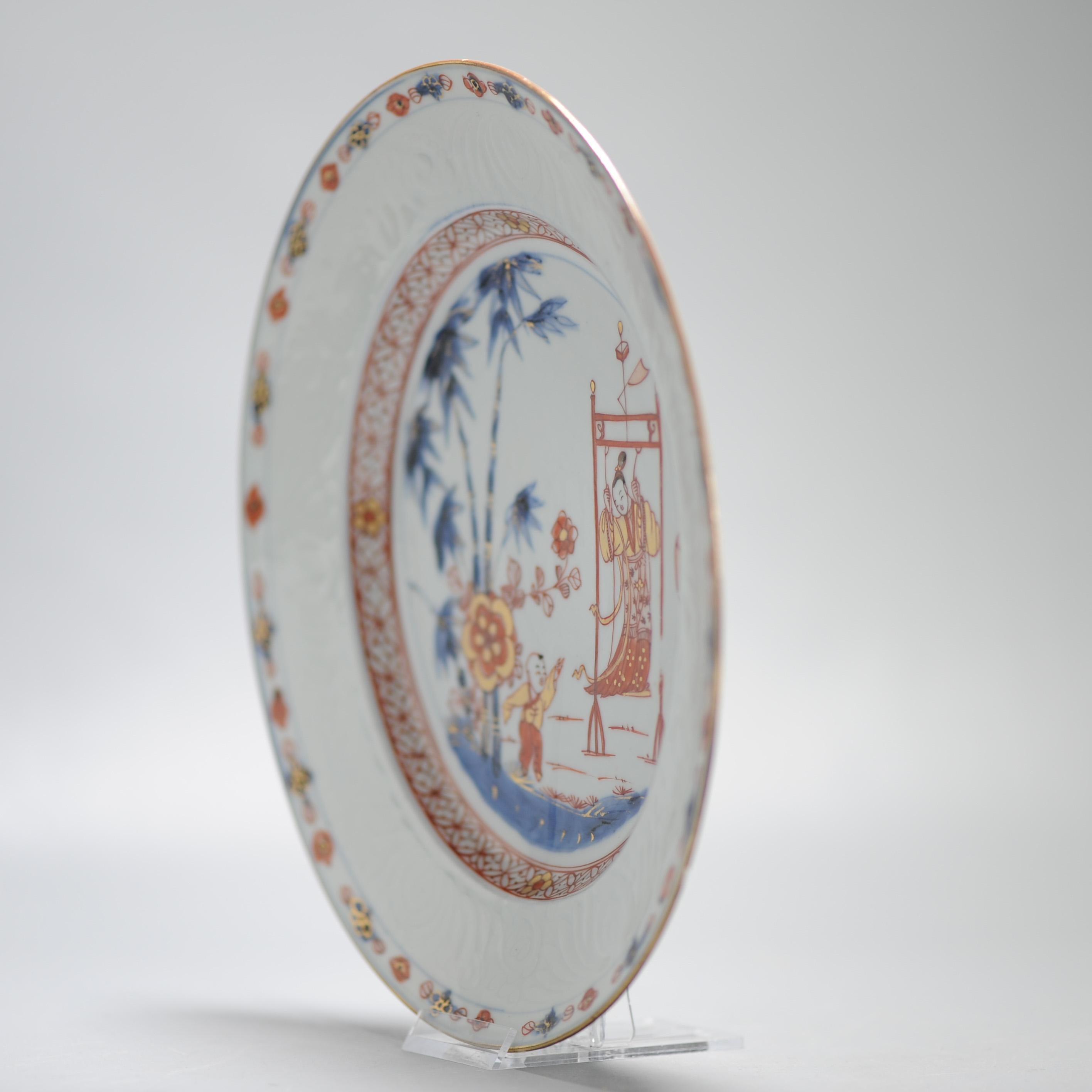 Lovely Antique 18C Imari Dish Qing Chinese Porcelain Lady on Swing Kangxi 2