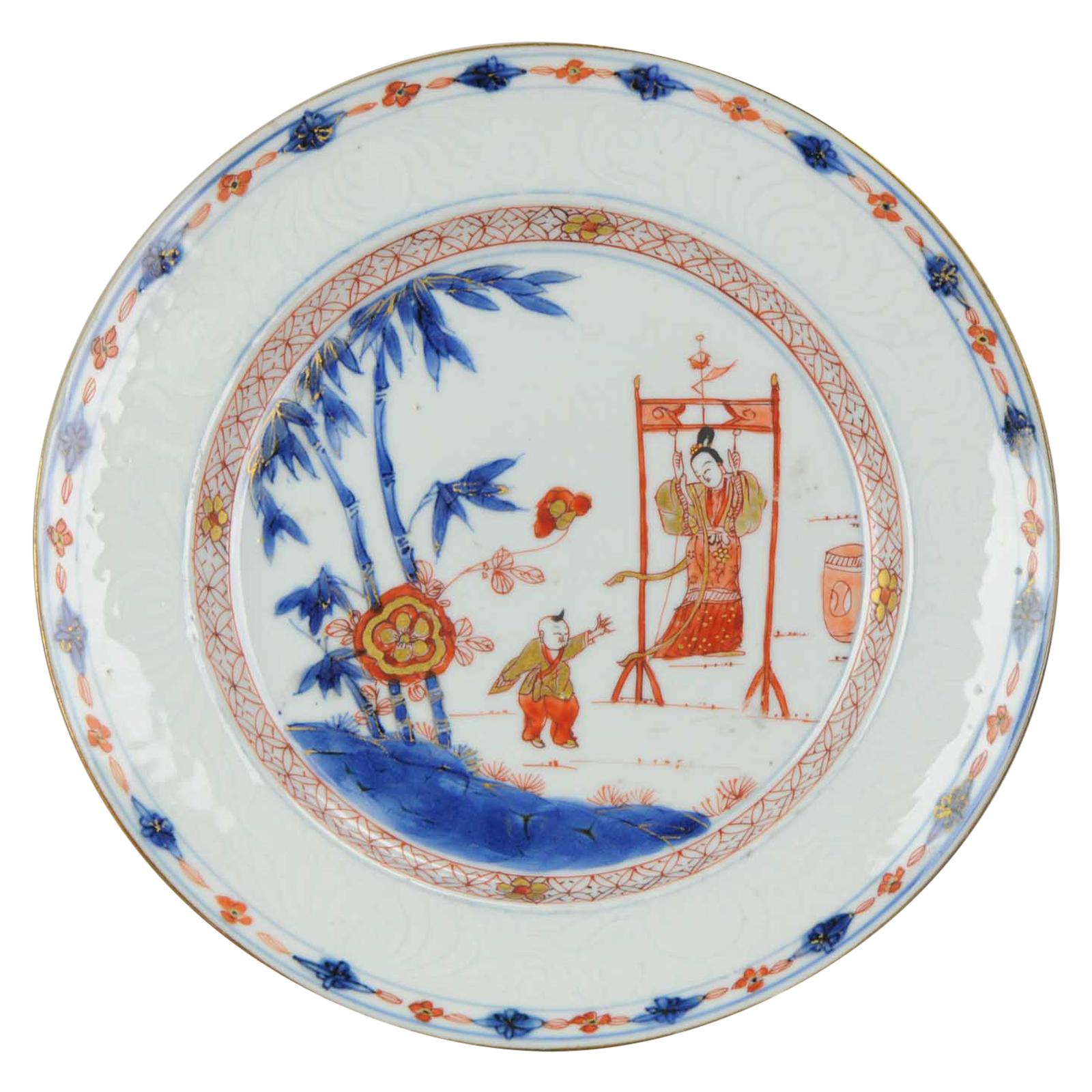 Lovely Antique Imari Dish Qing Chinese Porcelain Lady on Swing Kangxi