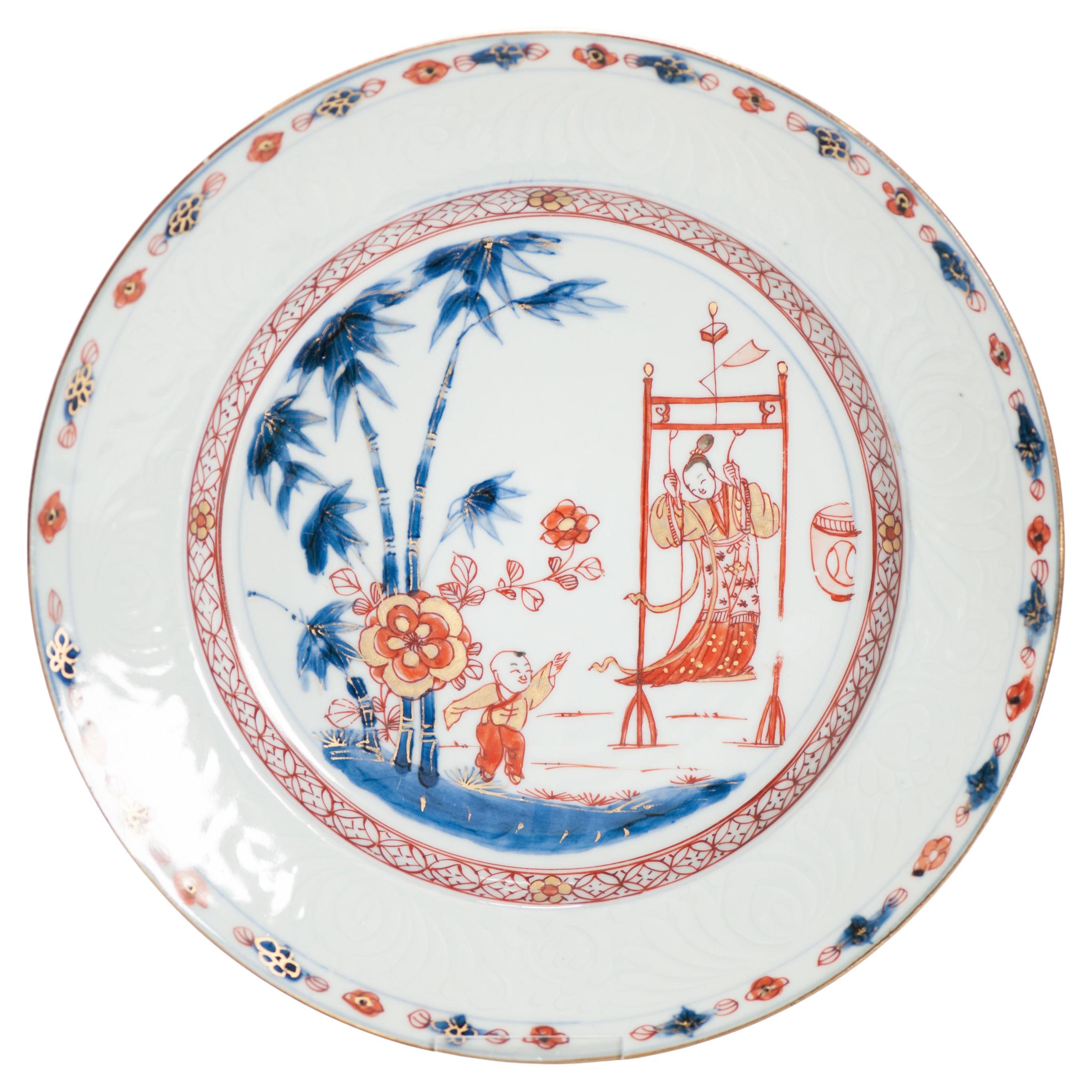 Lovely Antique 18C Imari Dish Qing Chinese Porcelain Lady on Swing Kangxi
