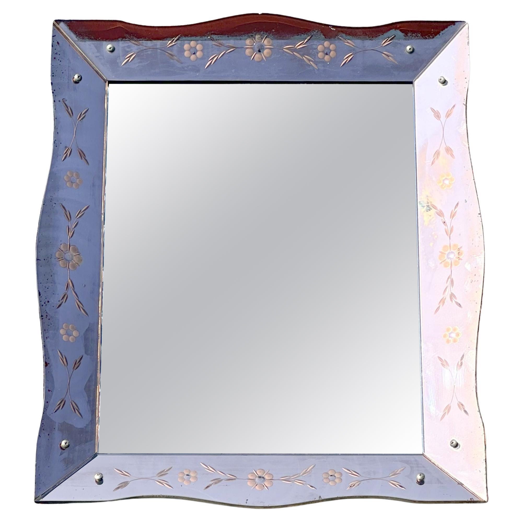 Lovely Antique 1930s Art Deco Rose Glass Bevelled Venetian Flower Petal Mirror
