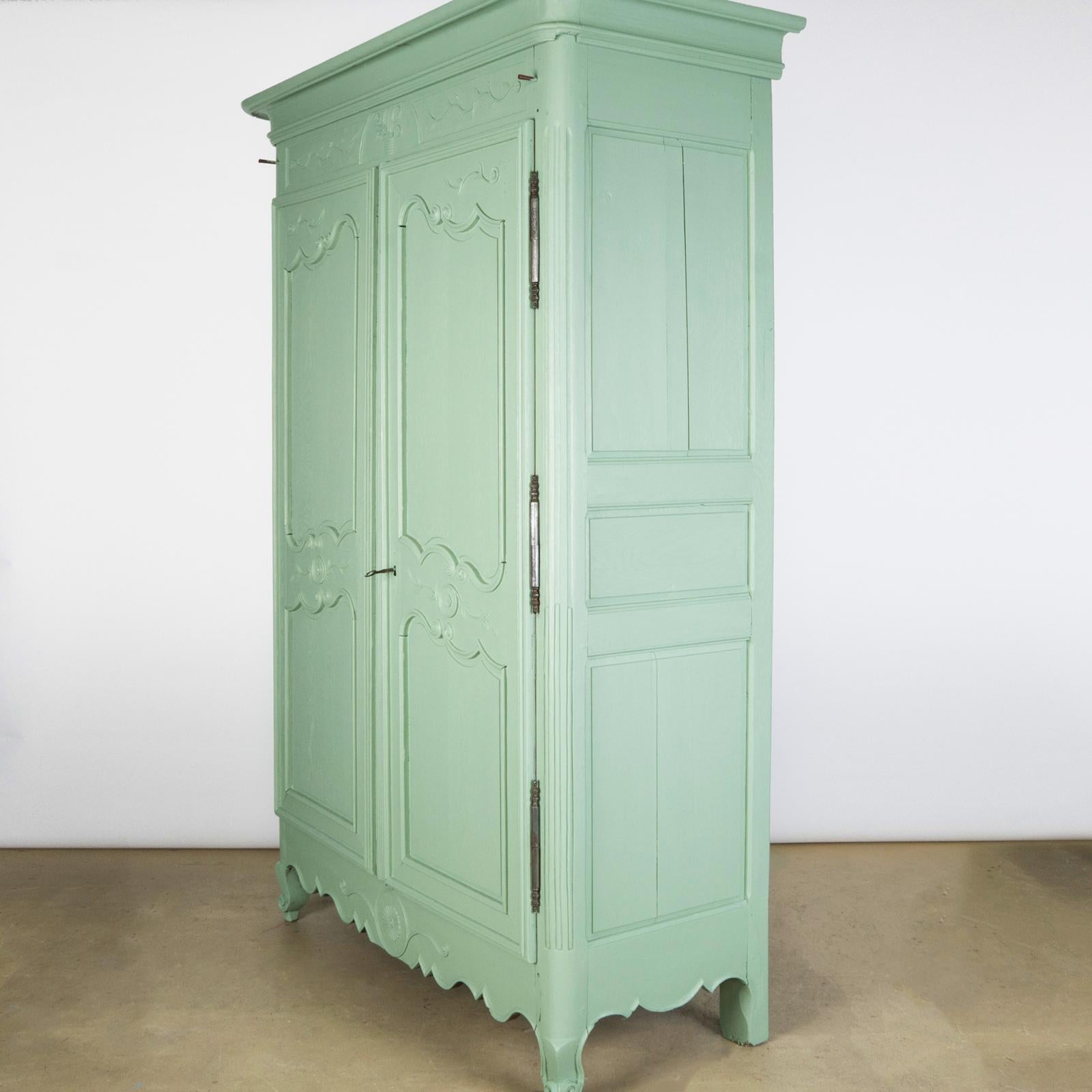 French Provincial Lovely Antique 19th C Soft Green French Marriage Armoire or Wardrobe For Sale