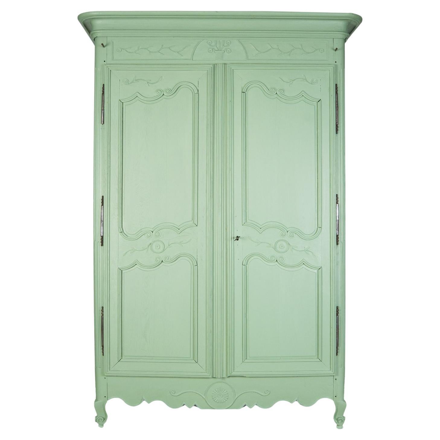 Lovely Antique 19th C Soft Green French Marriage Armoire or Wardrobe