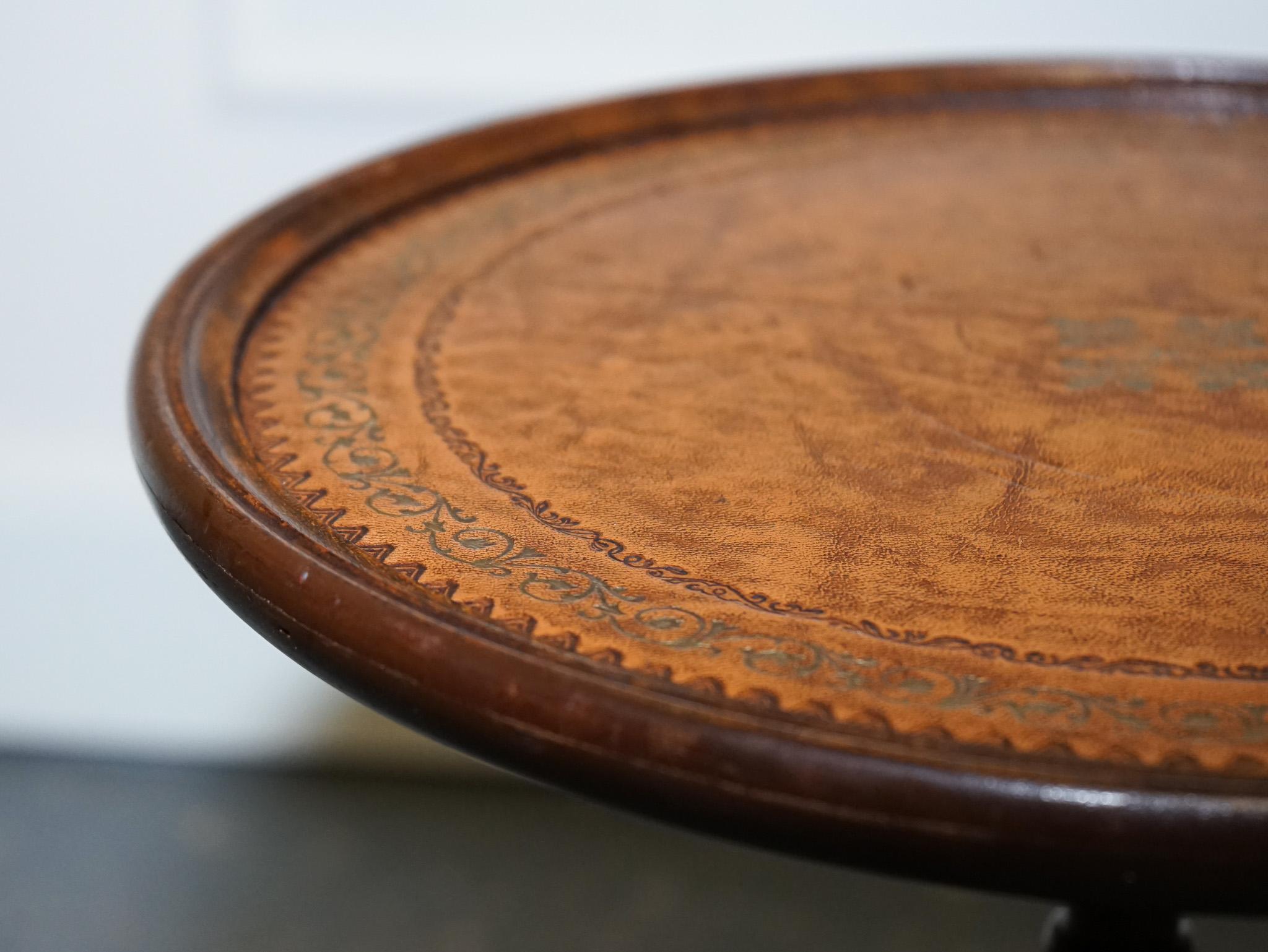 LOVELY ANTIQUE BROWN HARDWOOD BROWN LEATHER TOP SiDE END PLANT TABLE  For Sale 4