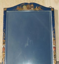 LOVELY ANTIQUE CHiNESE CHINOISERIE BLUE FRAMED MIRROR WITH ORNATE HAND PAINTINGS