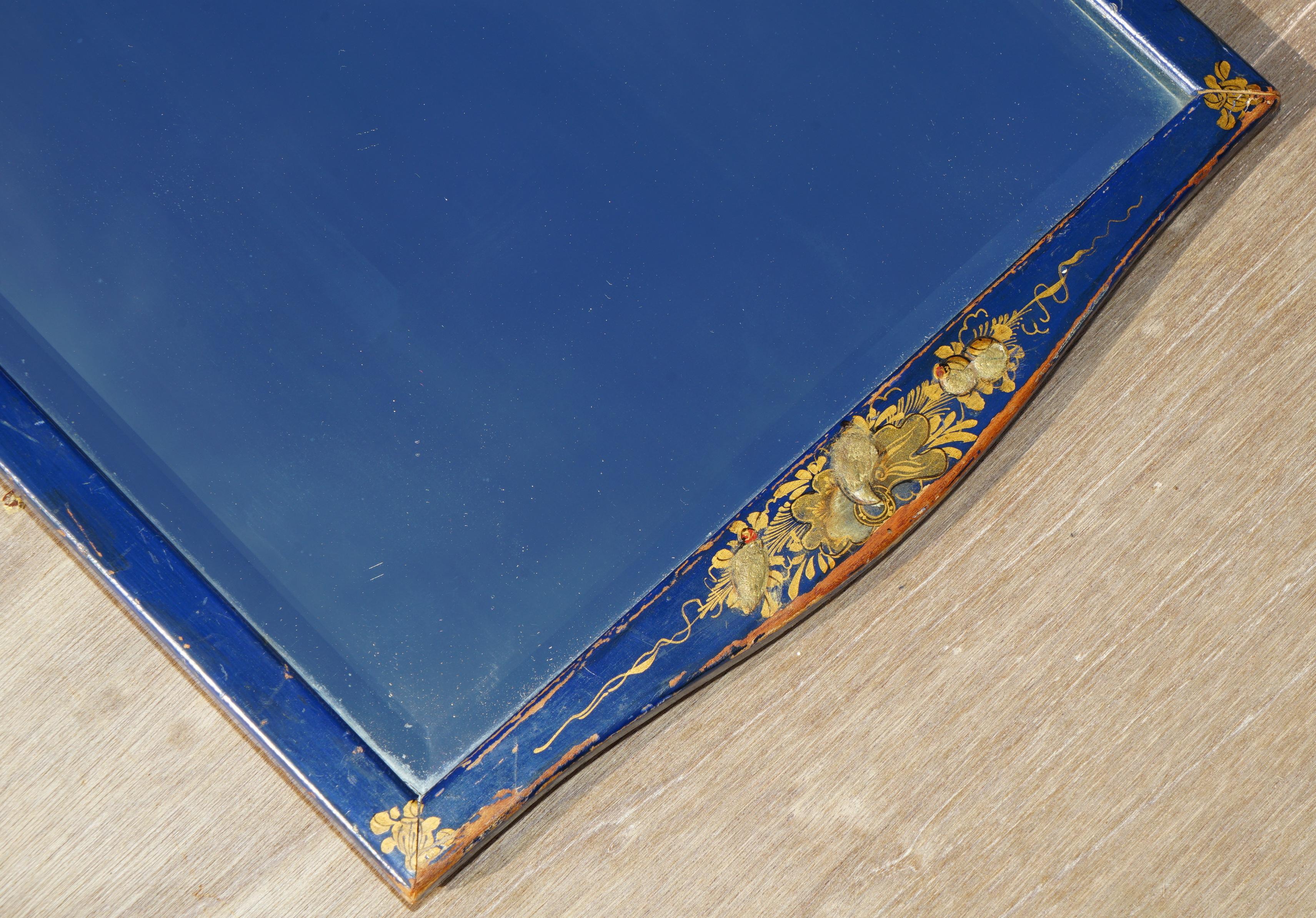 Early 20th Century LOVELY ANTIQUE CHiNESE CHINOISERIE BLUE FRAMED MIRROR WITH ORNATE HAND PAINTINGS For Sale