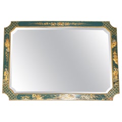 LOVELY ANTIQUE CHINESE CHINOISERIE GREEN FRAMED MIRROR INC ORNATE HAND PAINTINGs