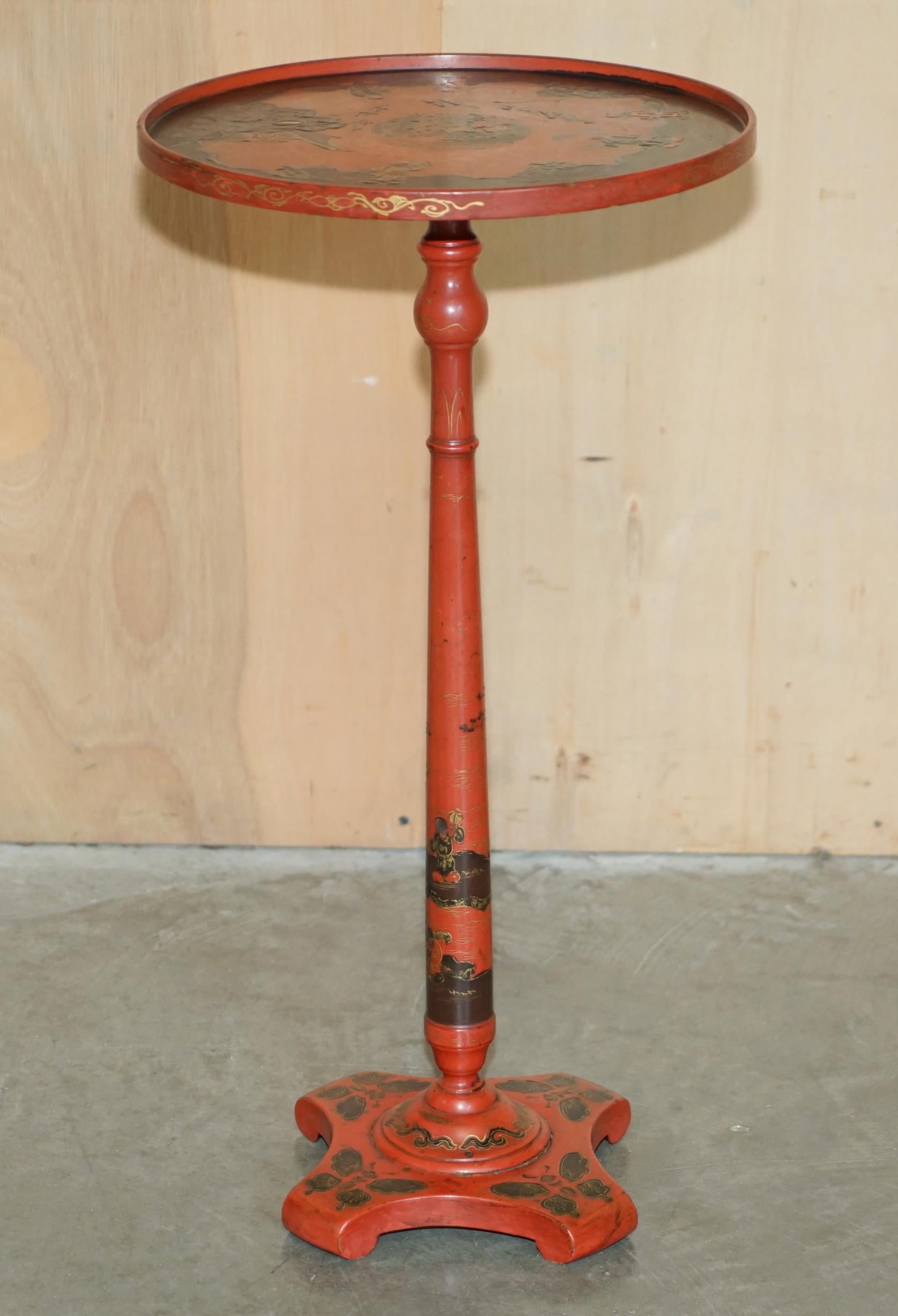 LOVELY ANTiQUE CHINESE CHINOISERIE LACQUERED & HAND PAINTED SIDE LAMP WINE TABLE For Sale 12