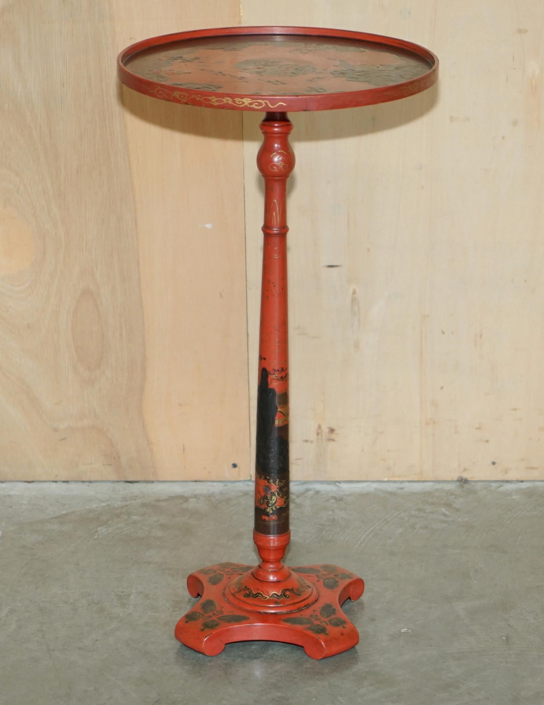 LOVELY ANTiQUE CHINESE CHINOISERIE LACQUERED & HAND PAINTED SIDE LAMP WINE TABLE For Sale 13