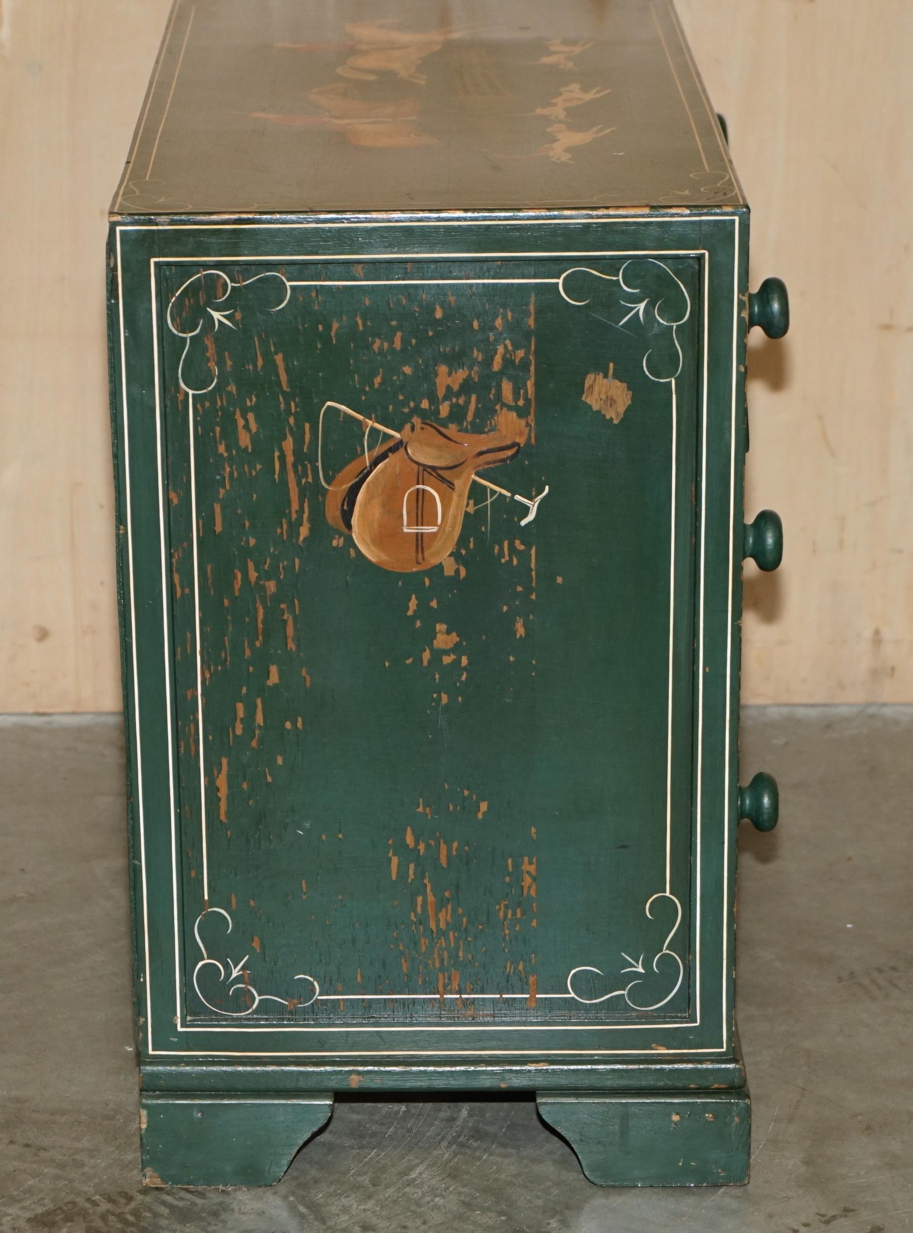 LOVELY ANTiQUE CIRCA 1900 GREEN PAINTED CHEST OF DRAWERS DEPICTING HORSE & RIDER For Sale 6