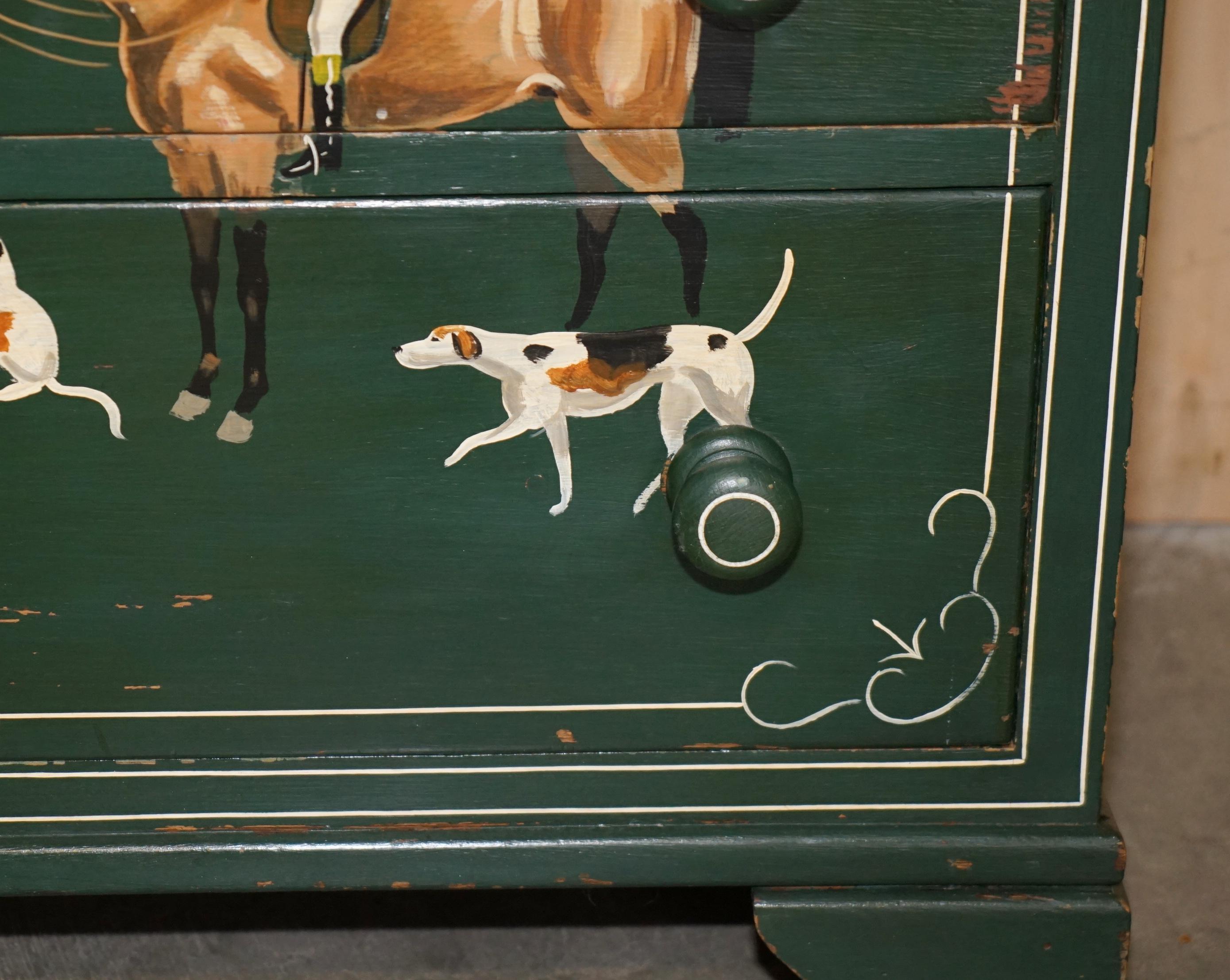 LOVELY ANTiQUE CIRCA 1900 GREEN PAINTED CHEST OF DRAWERS DEPICTING HORSE & RIDER For Sale 2
