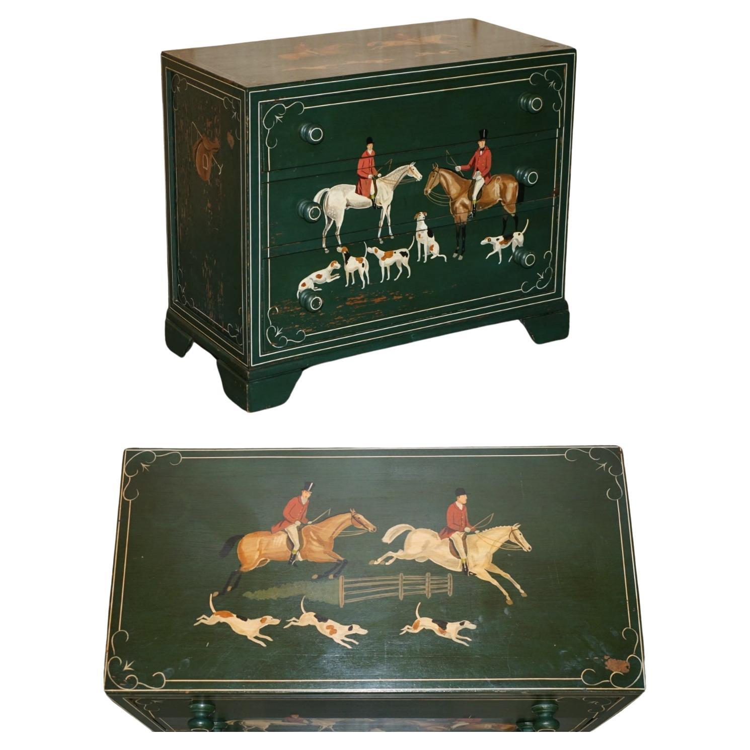 LOVELY ANTiQUE CIRCA 1900 GREEN PAINTED CHEST OF DRAWERS DEPICTING HORSE & RIDER For Sale