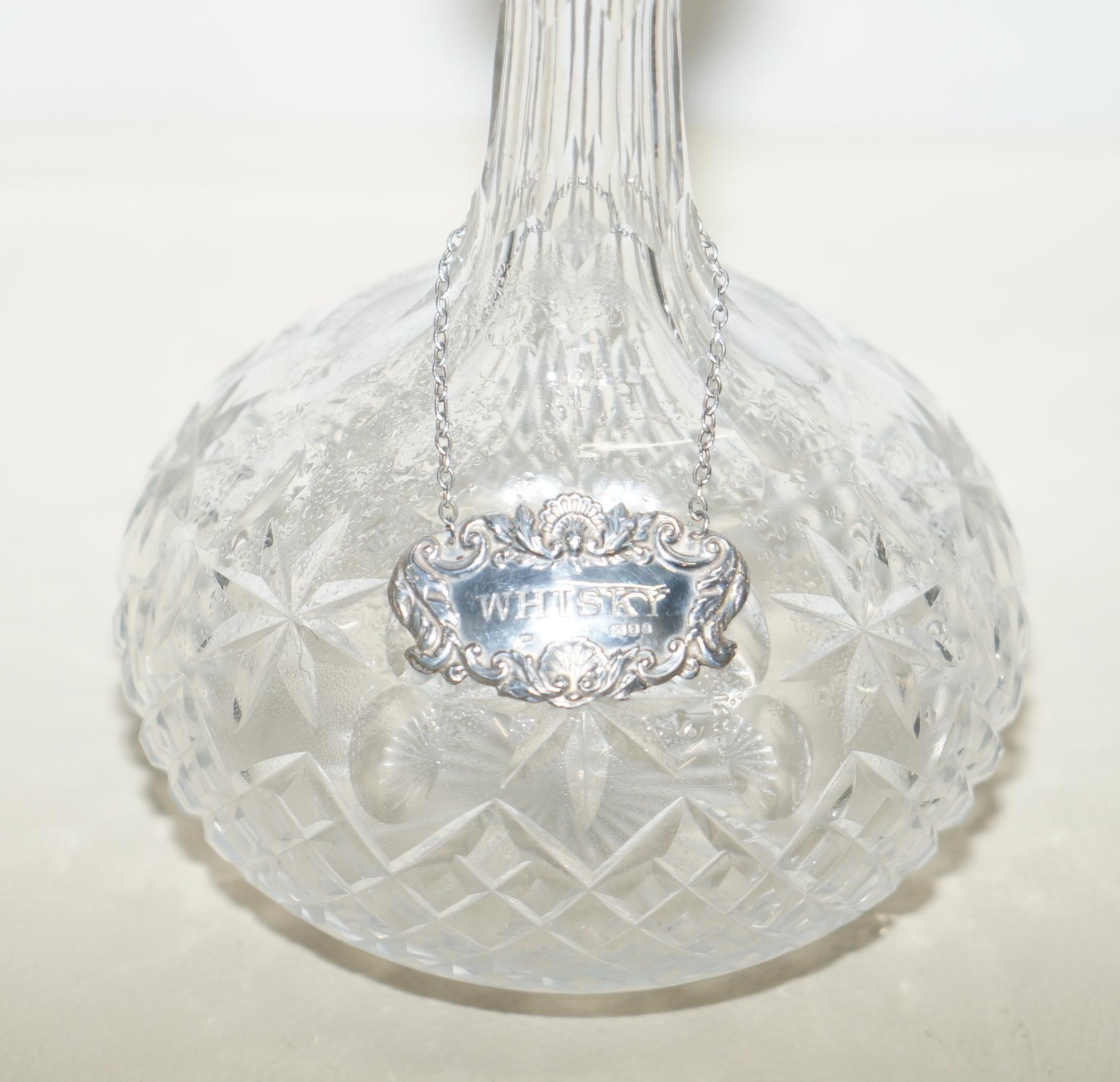 Mid-Century Modern Lovely Antique Cut-Glass Crystal Decanter Jug Whisky Sterling Hanging Label 1973