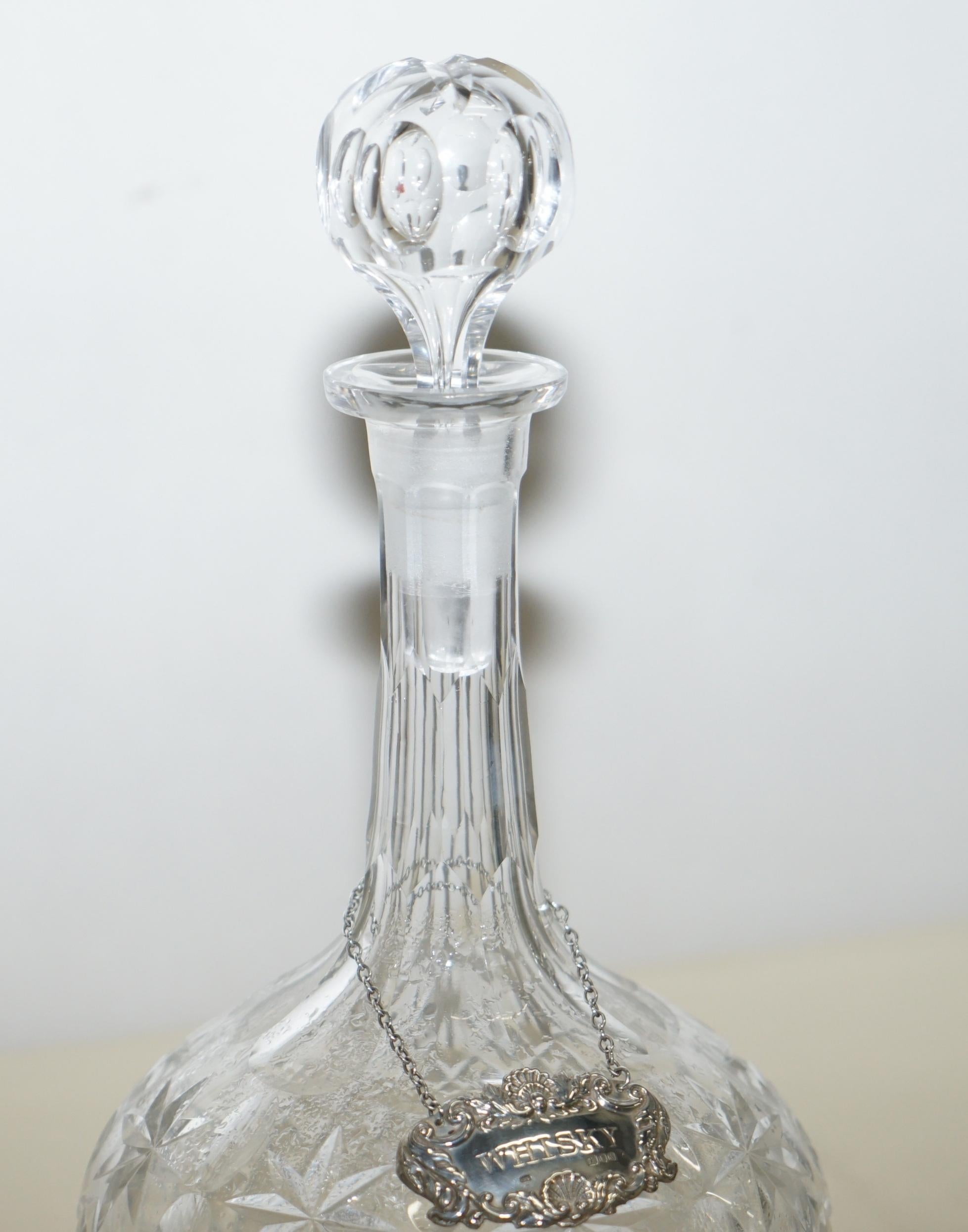 Hand-Carved Lovely Antique Cut-Glass Crystal Decanter Jug Whisky Sterling Hanging Label 1973