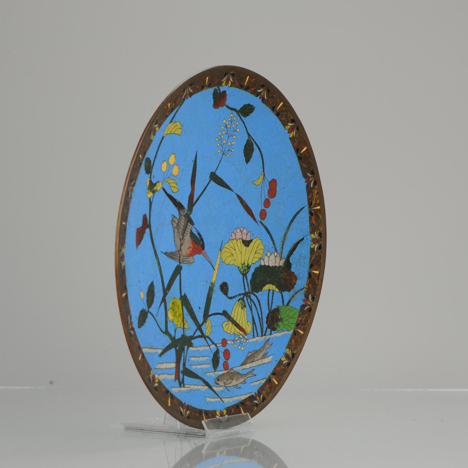 Lovely Antique Edo Period Japanese Bronze Cloisonne Serving Plate Kingfisher 6