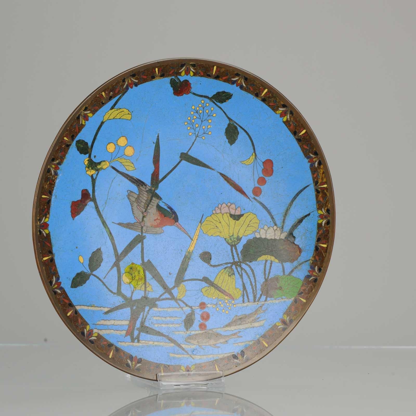 Lovely Antique Edo Period Japanese Bronze Cloisonne Serving Plate Kingfisher 7