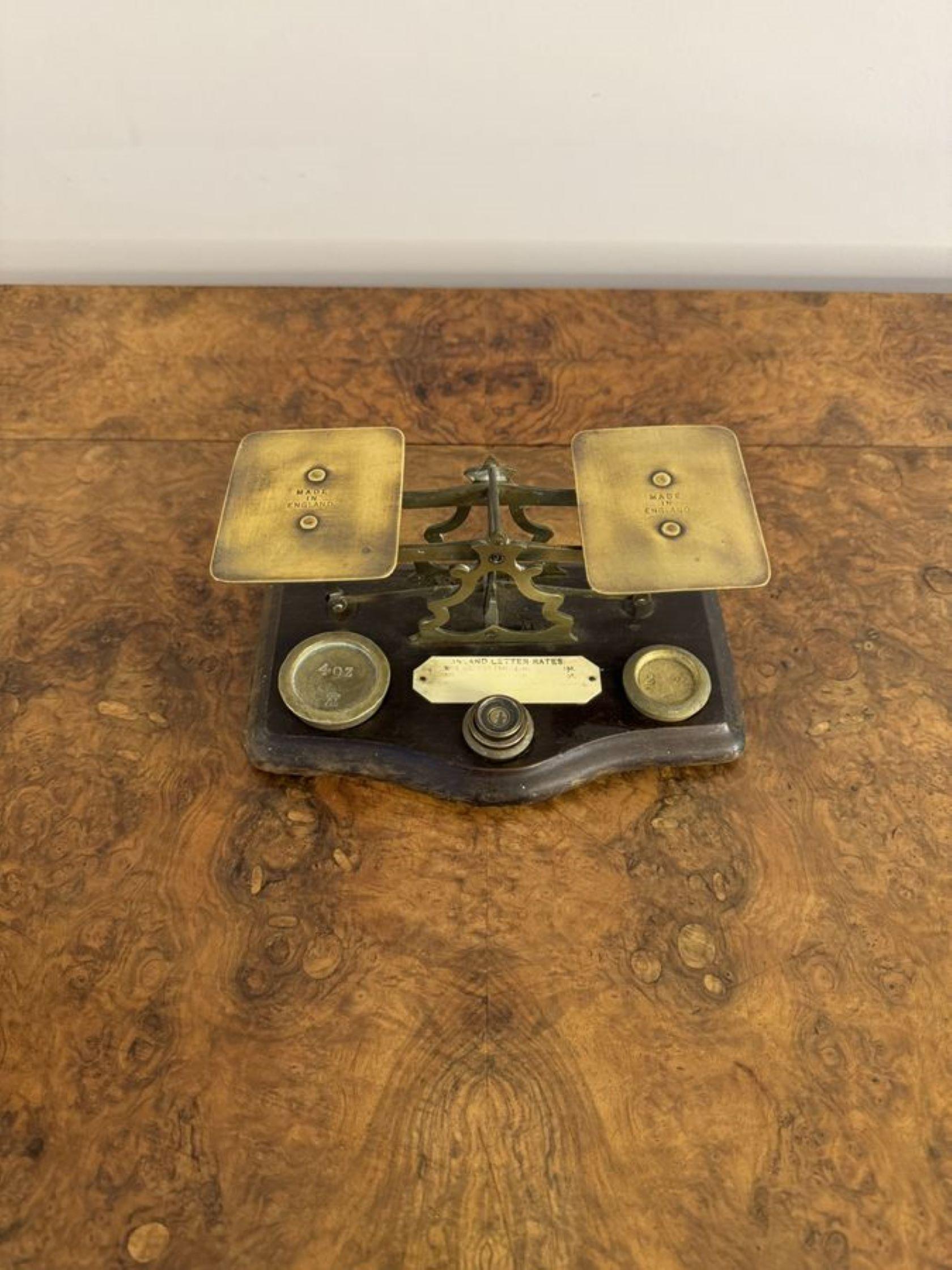 Brass Lovely antique Edwardian postal scales & weights For Sale