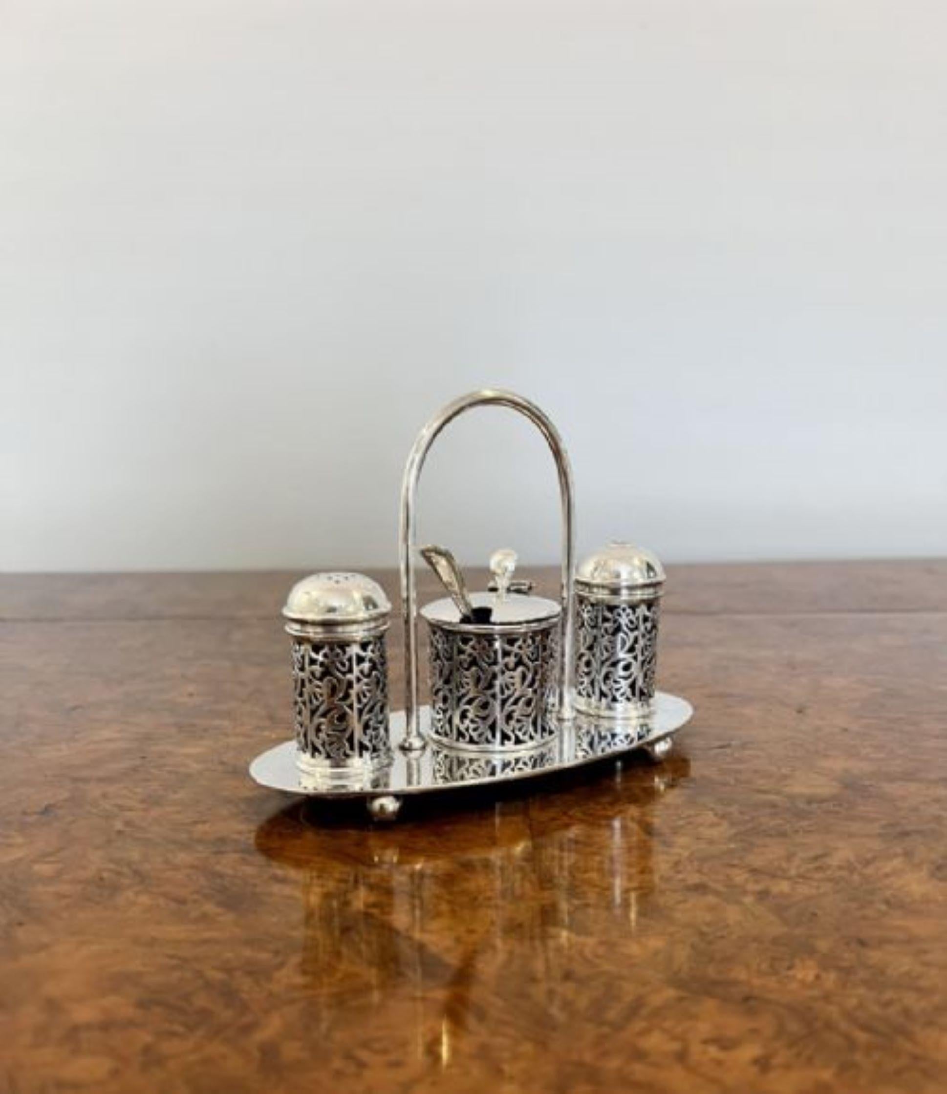 Lovely antique Edwardian quality glass and silver plated cruet set 3