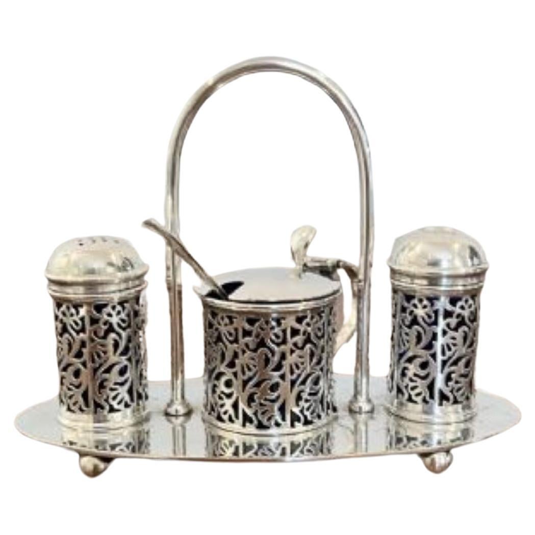 Lovely antique Edwardian quality glass and silver plated cruet set 