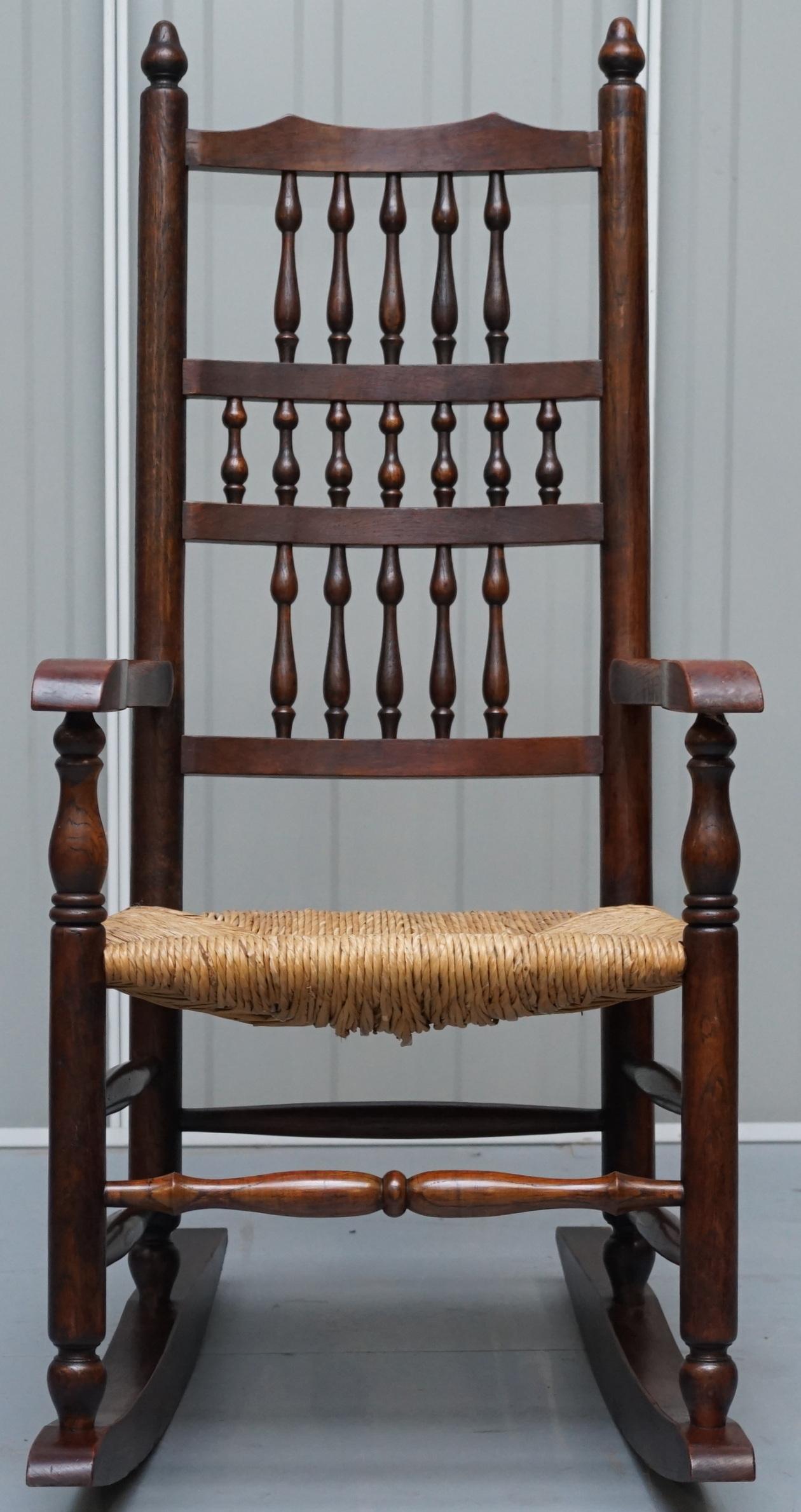 We are delighted to offer for sale this lovely late Victorian Elm rocking chair made in the William Morris Sussex chair style

A very decorative and comfortable rocking chair, the frame is light elm and it has the original woven seat base

We