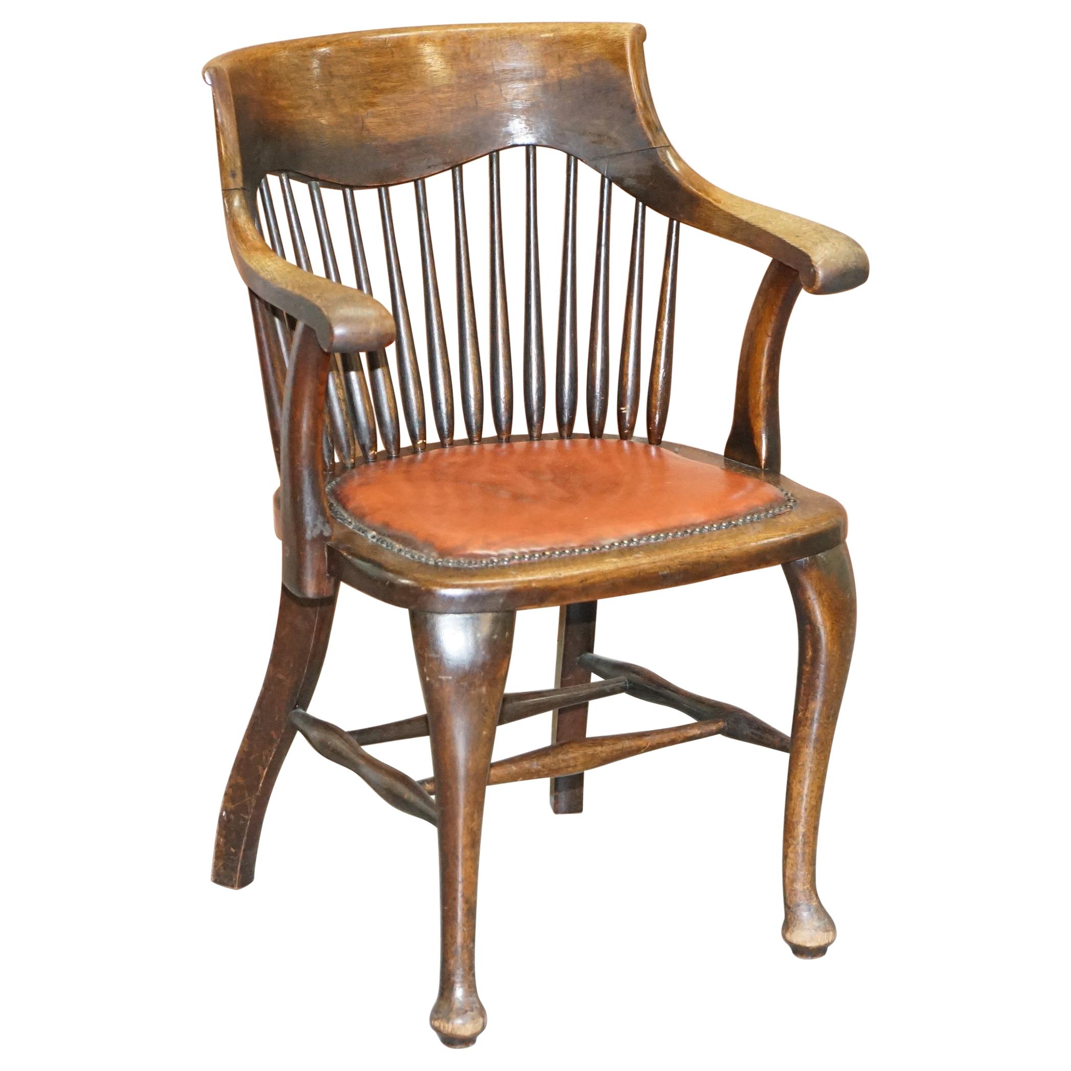 Lovely Antique English Edwardian Ralph Johnson Oak Captains Office Desk Armchair For Sale