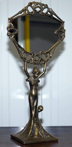 Lovely Antique French Bronzed Neoclassical Free Stand Mirror Lady with Children