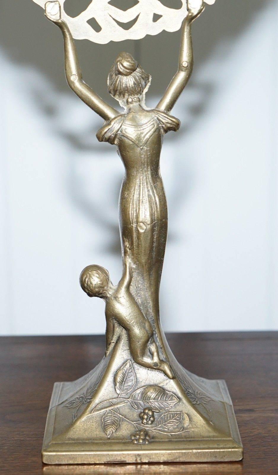Lovely Antique Français Bronzed Neoclassical Free Stand Mirror Lady with Children 1