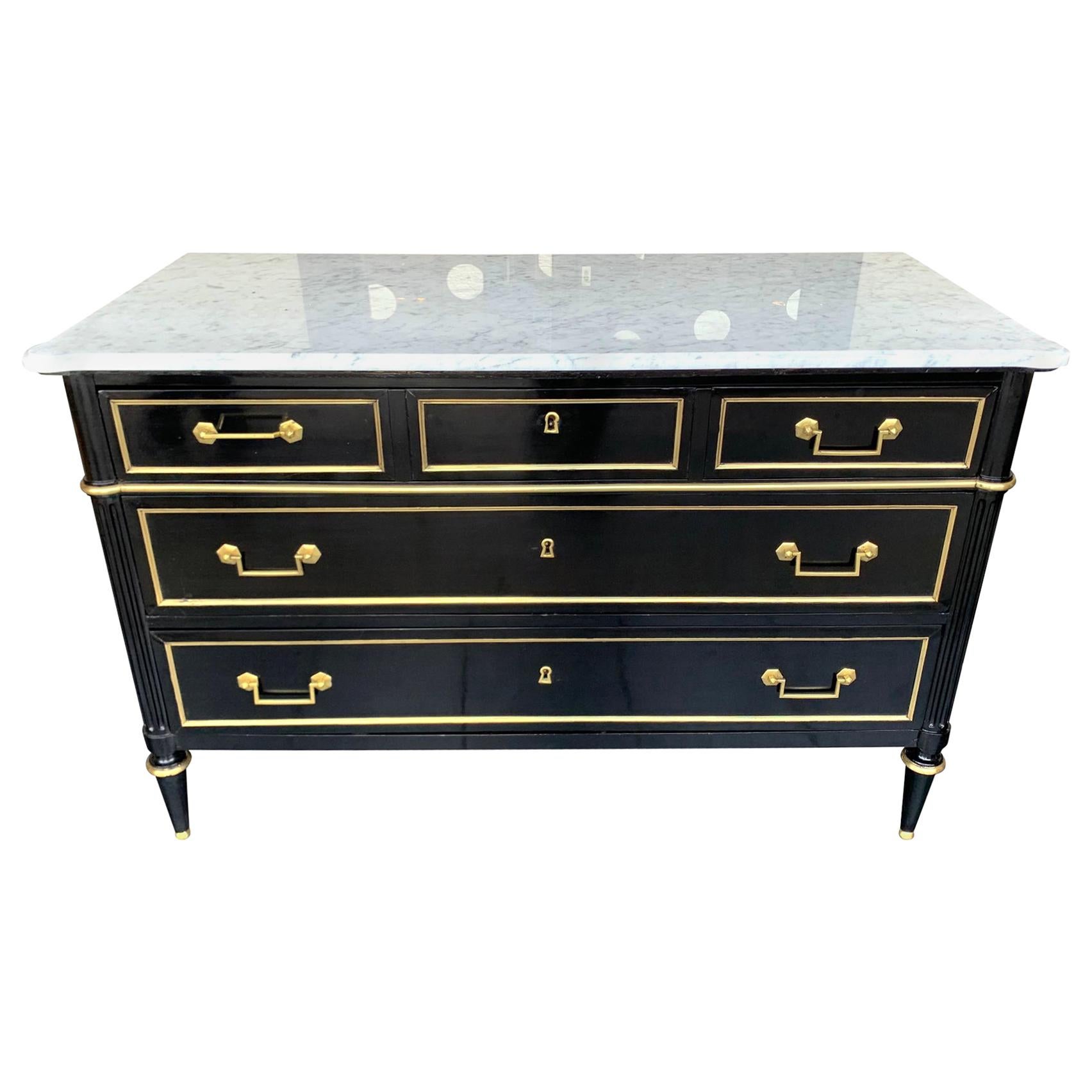 Lovely Antique French Louis XVI Style Ebonised Commode with Carrara Marble Top