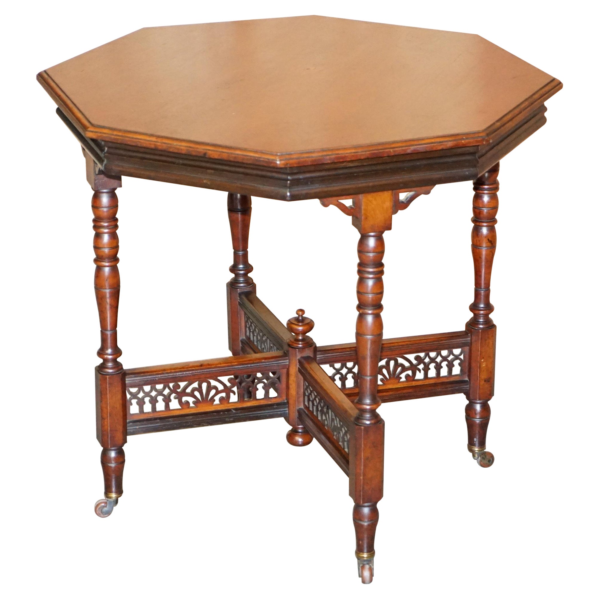 Lovely Antique Hexagon Centre Occasional Table Porcelain Castors Elegant Carving