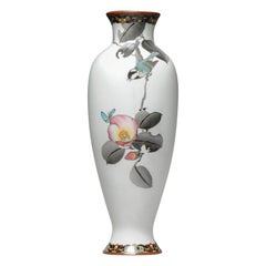 Lovely Antique Japanese Bronze Cloisonne Vase Bird and Peach, 19 Century