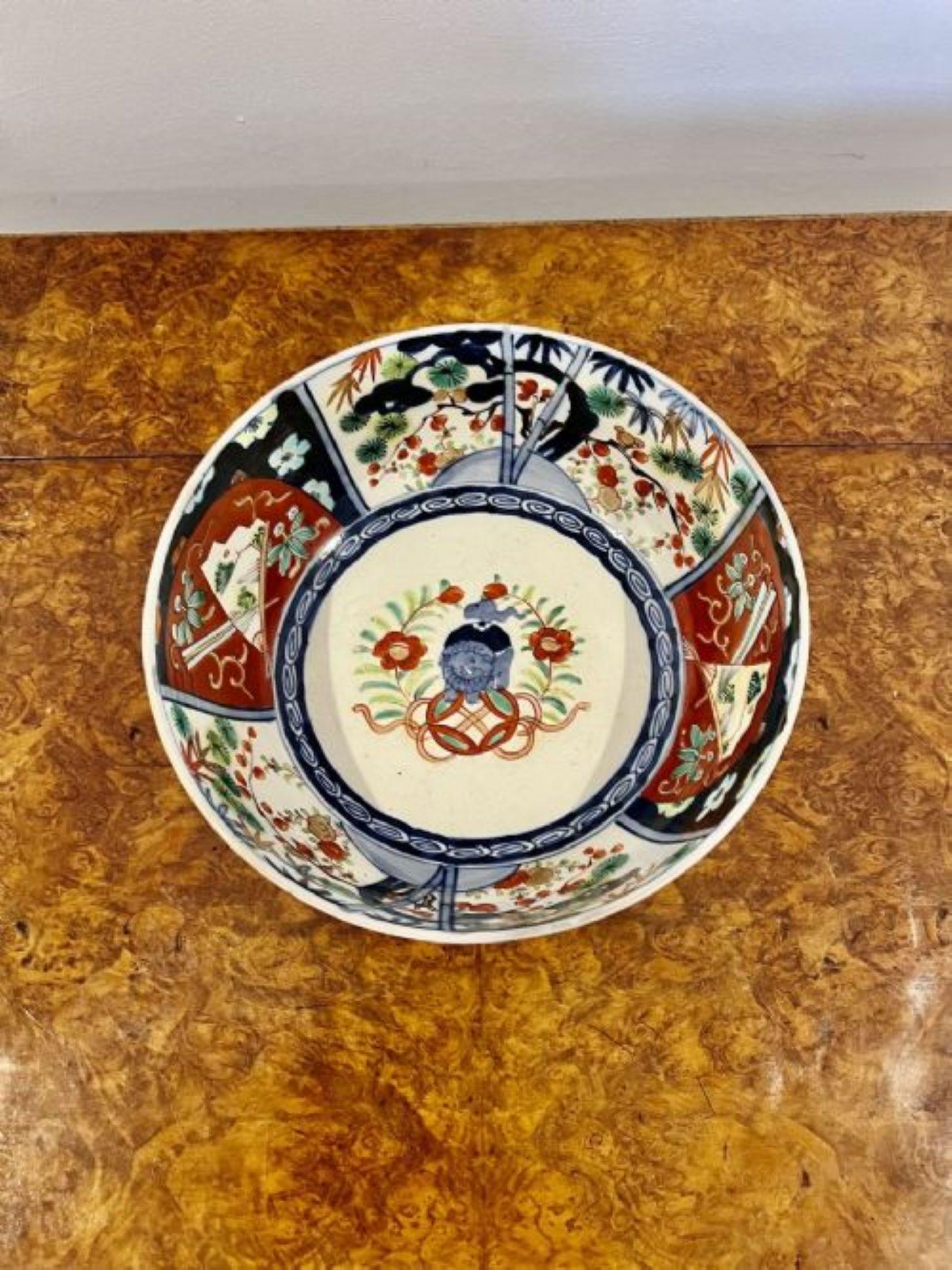 Lovely antique Japanese imari bowl having a lovely antique Japanese imari bowl with wonderful hand painted panels with leaves, trees and flowers in wonderful red, blue, green and white colours. 