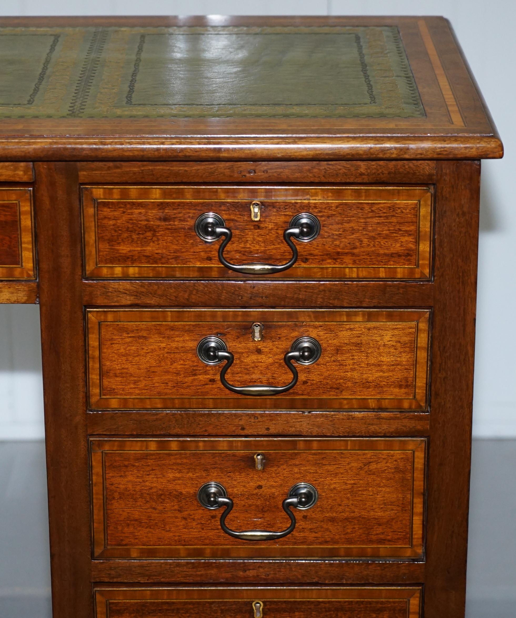 Lovely Antique Mahogany with Walnut Inlay & Green Leather Top Twin Pedestal Desk 1