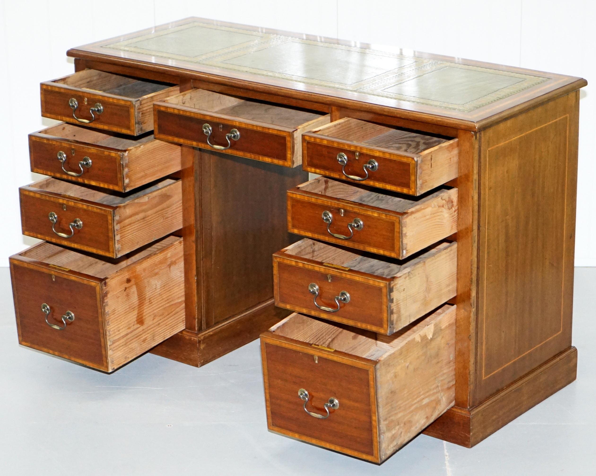 Lovely Antique Mahogany with Walnut Inlay & Green Leather Top Twin Pedestal Desk 9