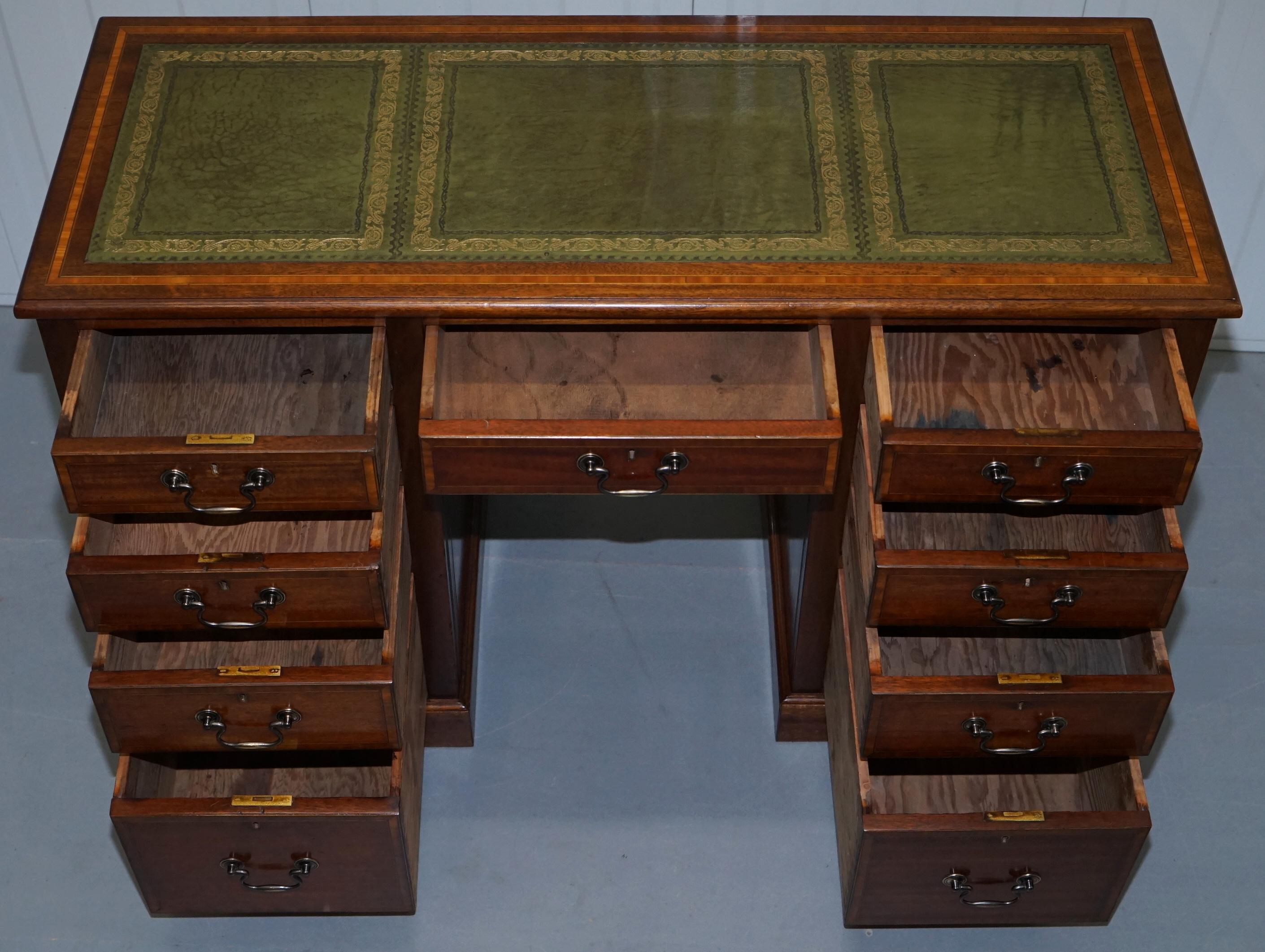 Lovely Antique Mahogany with Walnut Inlay & Green Leather Top Twin Pedestal Desk 10