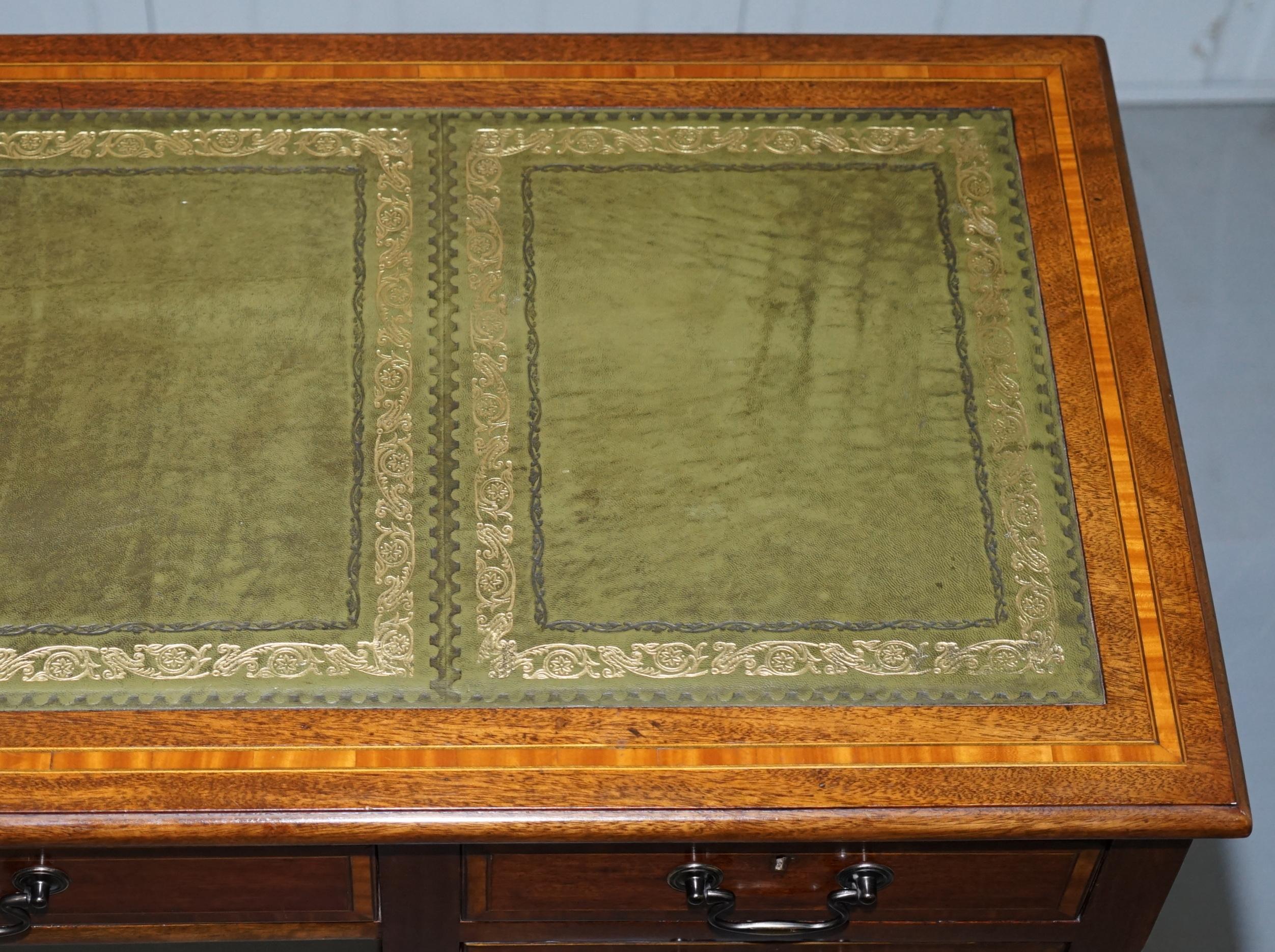 English Lovely Antique Mahogany with Walnut Inlay & Green Leather Top Twin Pedestal Desk