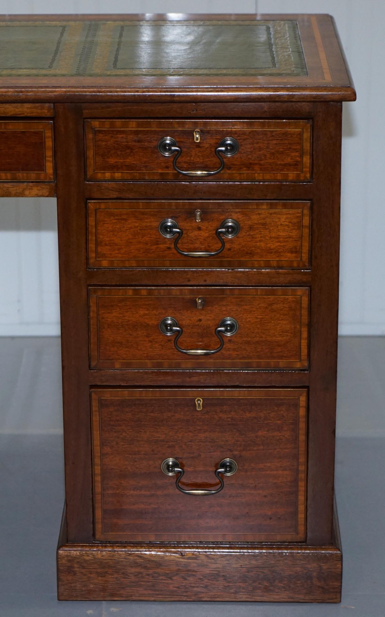 19th Century Lovely Antique Mahogany with Walnut Inlay & Green Leather Top Twin Pedestal Desk