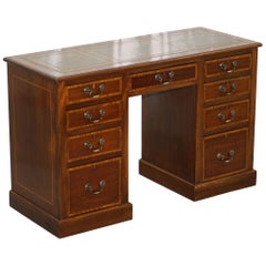 Lovely Antique Mahogany with Walnut Inlay & Green Leather Top Twin Pedestal Desk