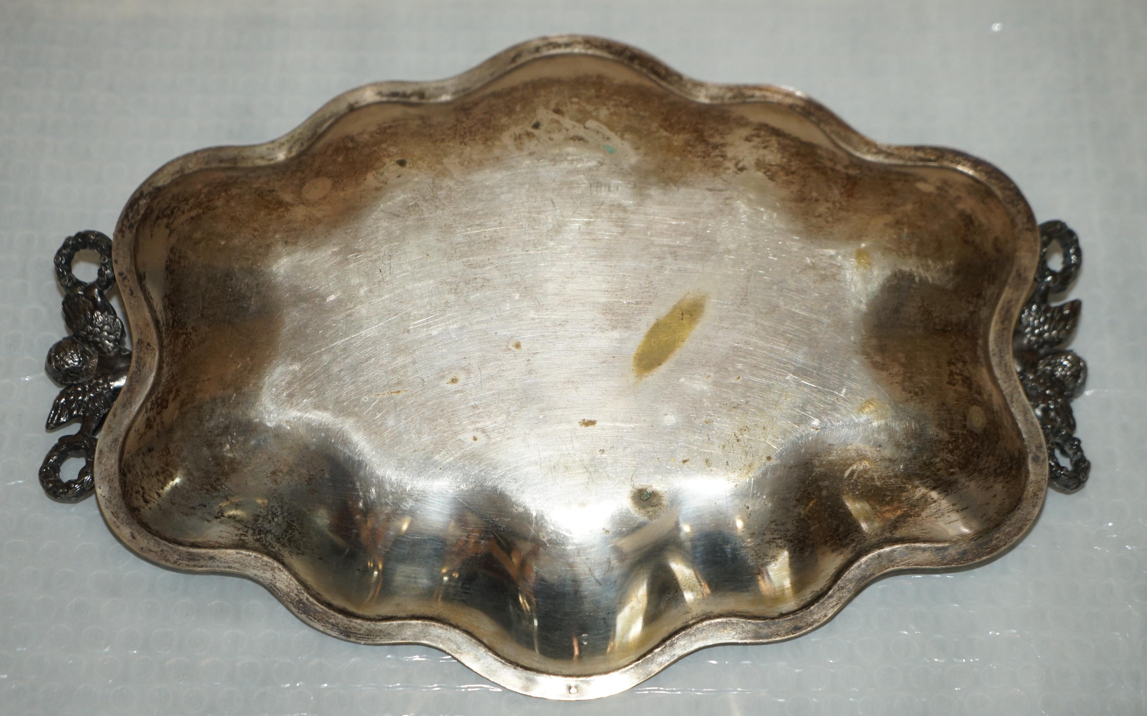 Lovely Antique Original Worn Finish Silver Plated Cherub Handle Serving Tray For Sale 9