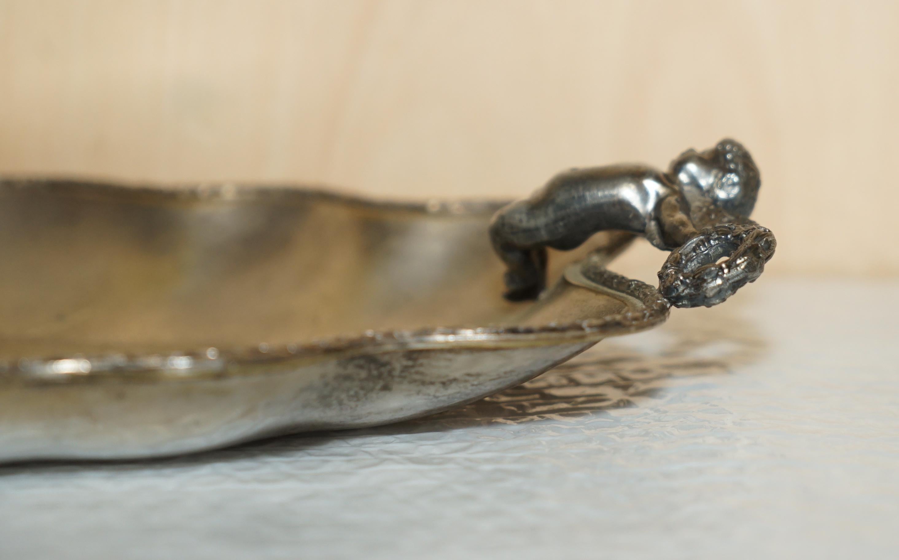 Hand-Crafted Lovely Antique Original Worn Finish Silver Plated Cherub Handle Serving Tray For Sale