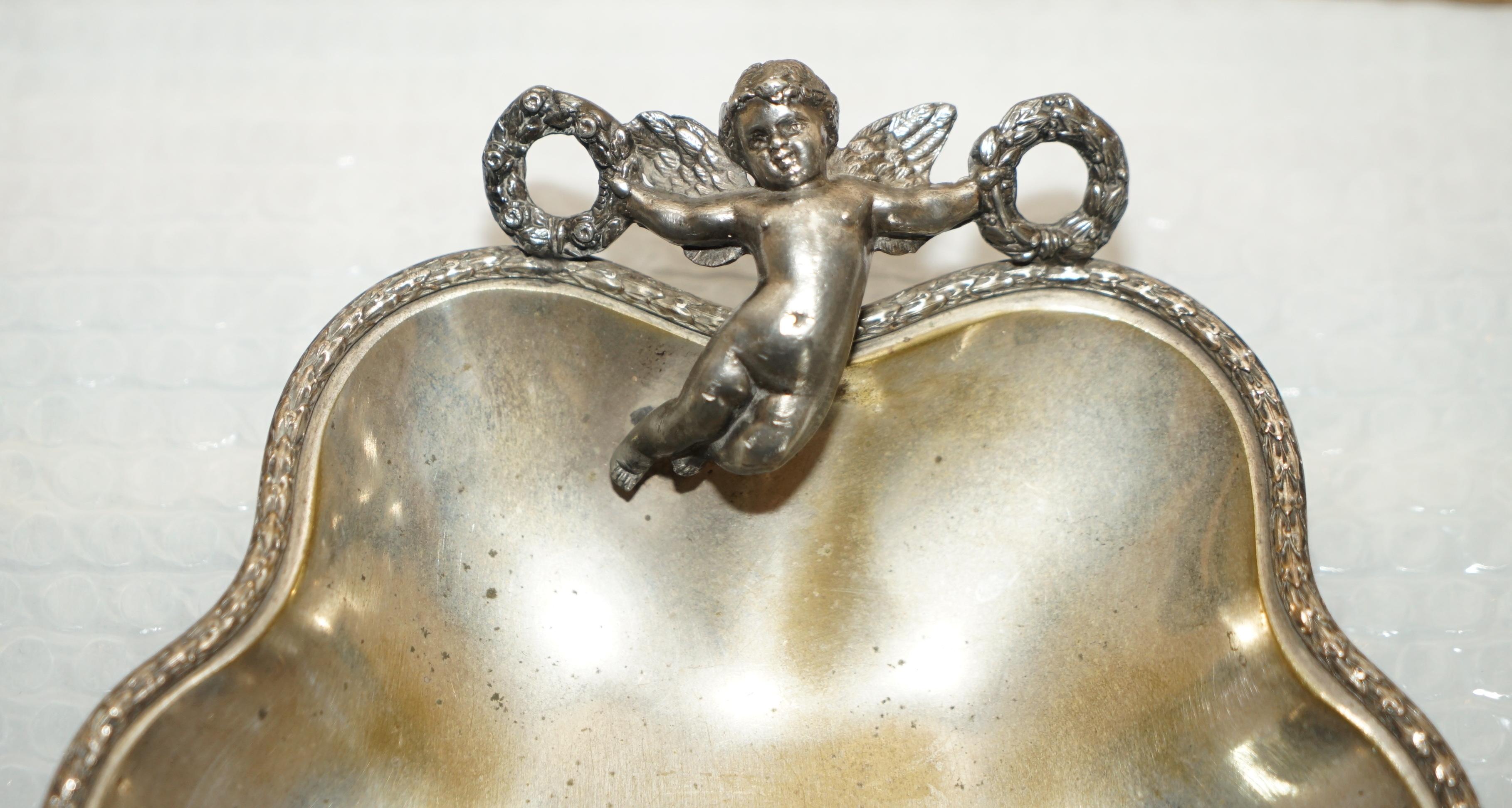 Lovely Antique Original Worn Finish Silver Plated Cherub Handle Serving Tray For Sale 1