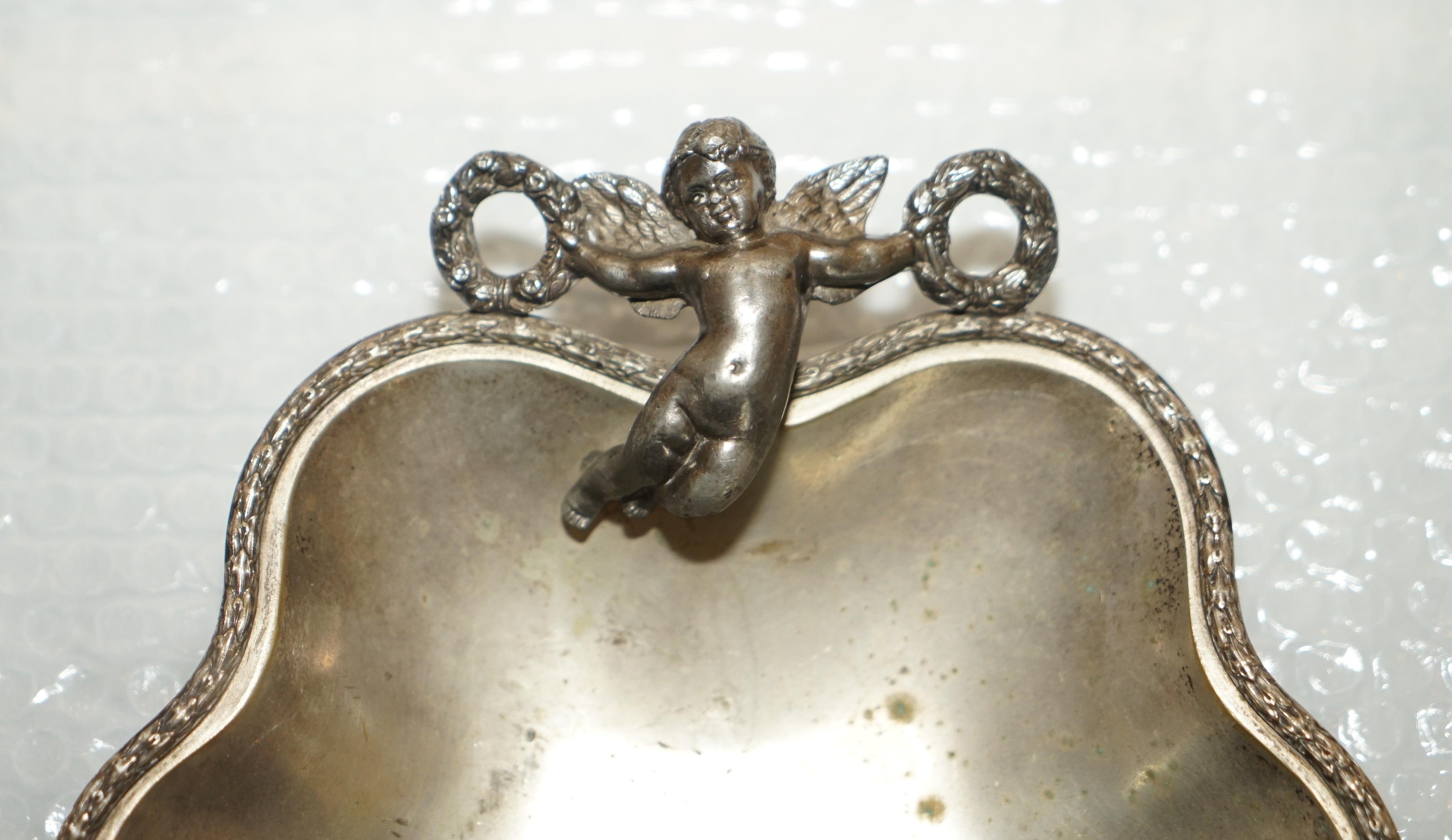 Lovely Antique Original Worn Finish Silver Plated Cherub Handle Serving Tray For Sale 3
