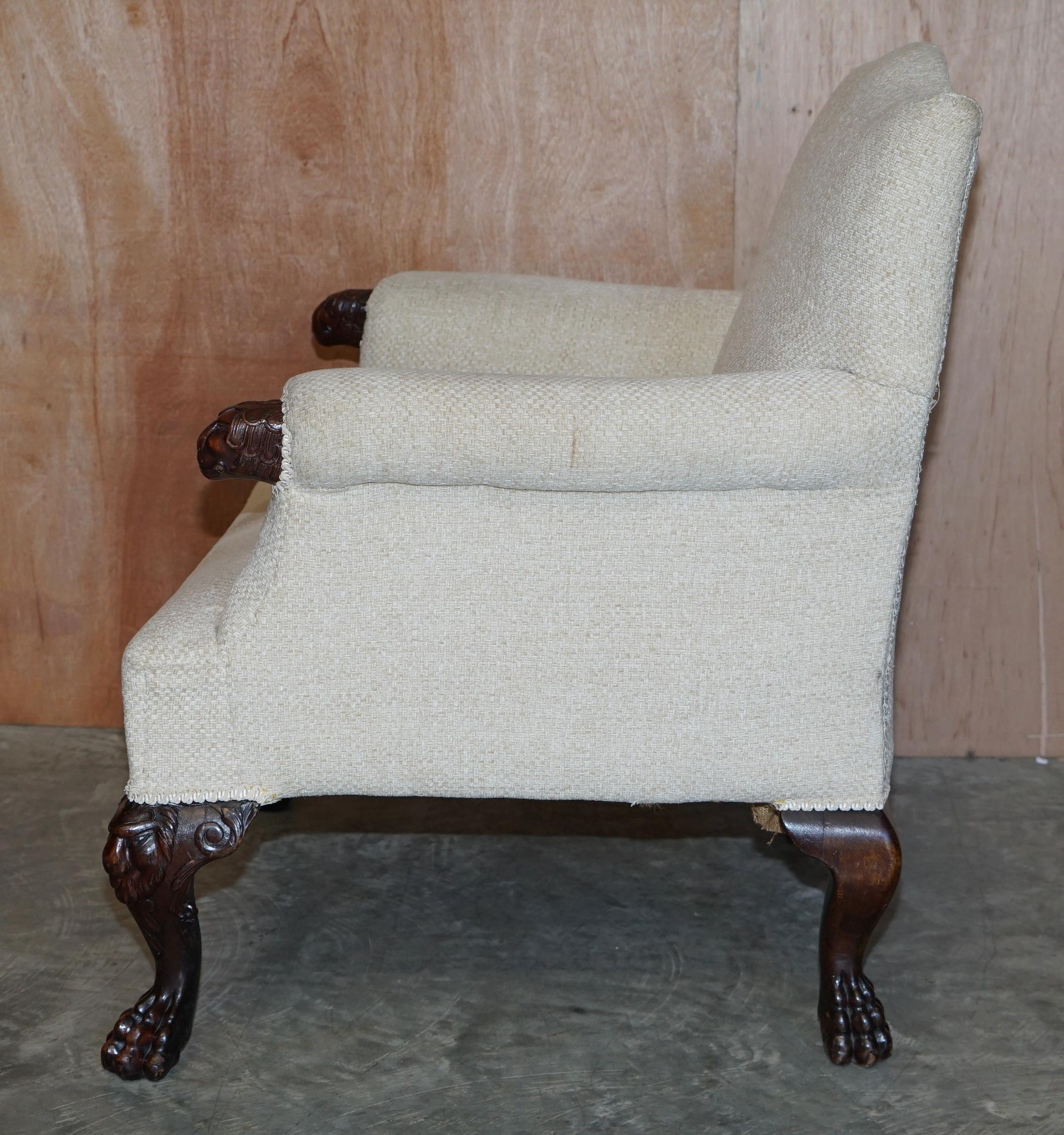 Lovely Antique Ornately Hand Carved Lion's Hairy Paw Leg Club Library Armchair For Sale 8
