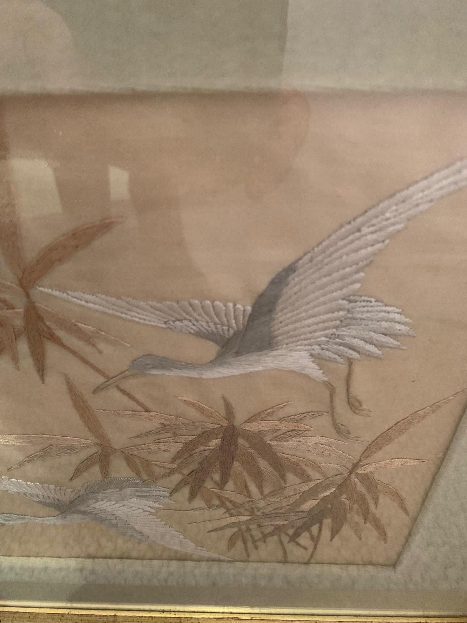 Lovely Antique Pair of Framed Fine Needlework of Herons In Good Condition In Hopewell, NJ