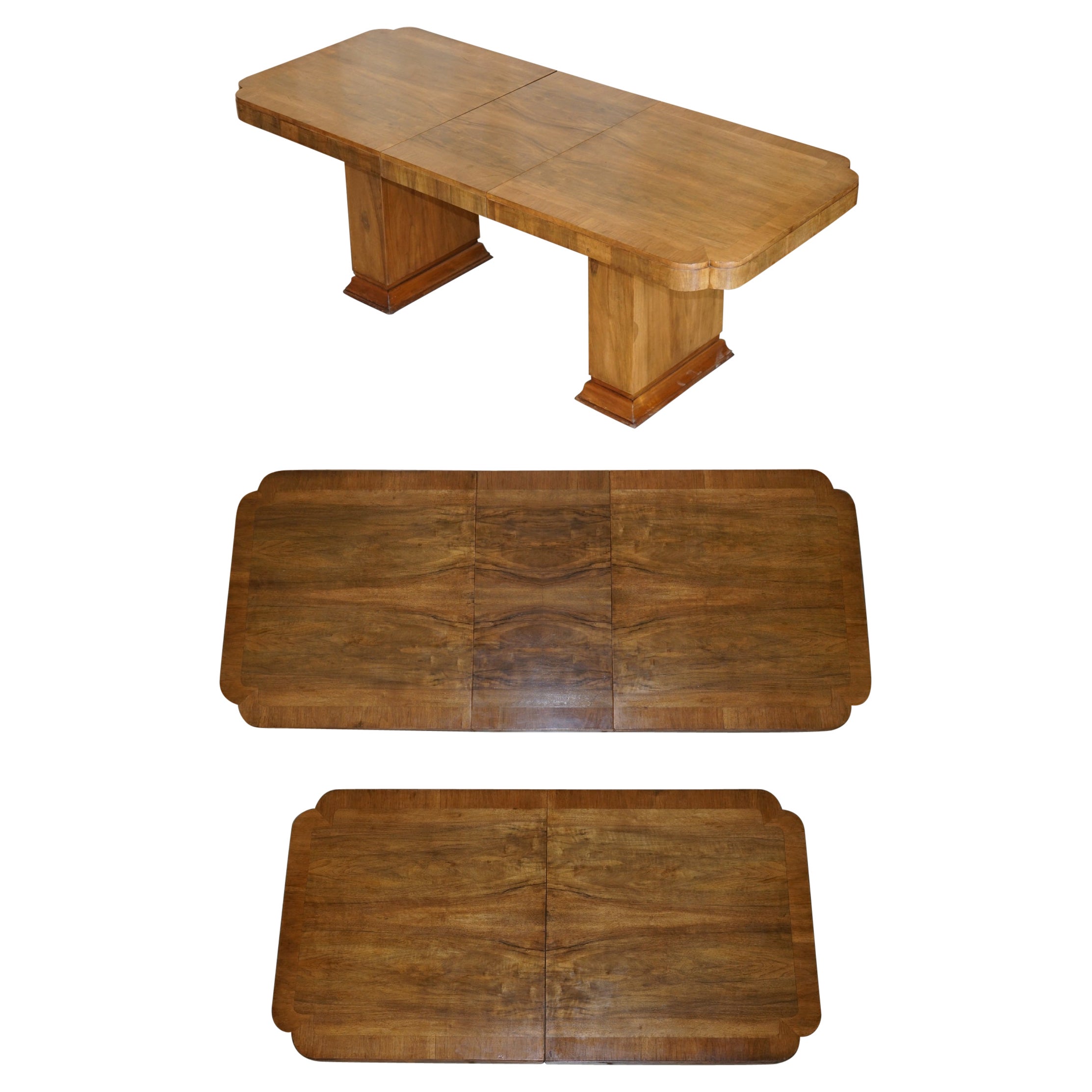 Lovely Antique Quarter Cut Walnut Art Deco Extending Dining Table, Circa 1920