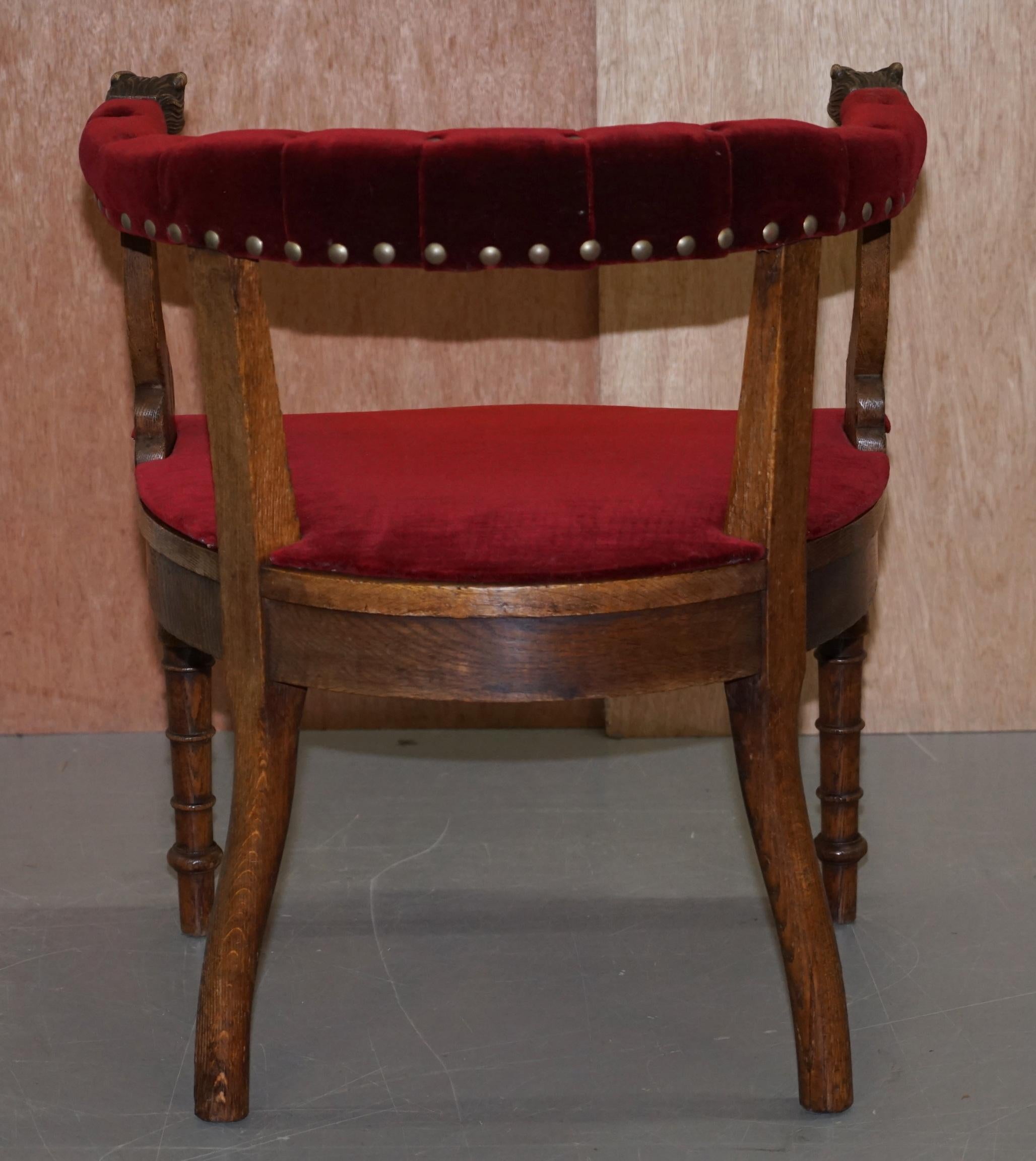 Lovely Antique Regency Oak Carved Bergere Armchair with Lions Head Arms Velvet For Sale 8