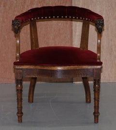 Lovely Antique Regency Oak Carved Bergere Armchair with Lions Head Arms Velvet
