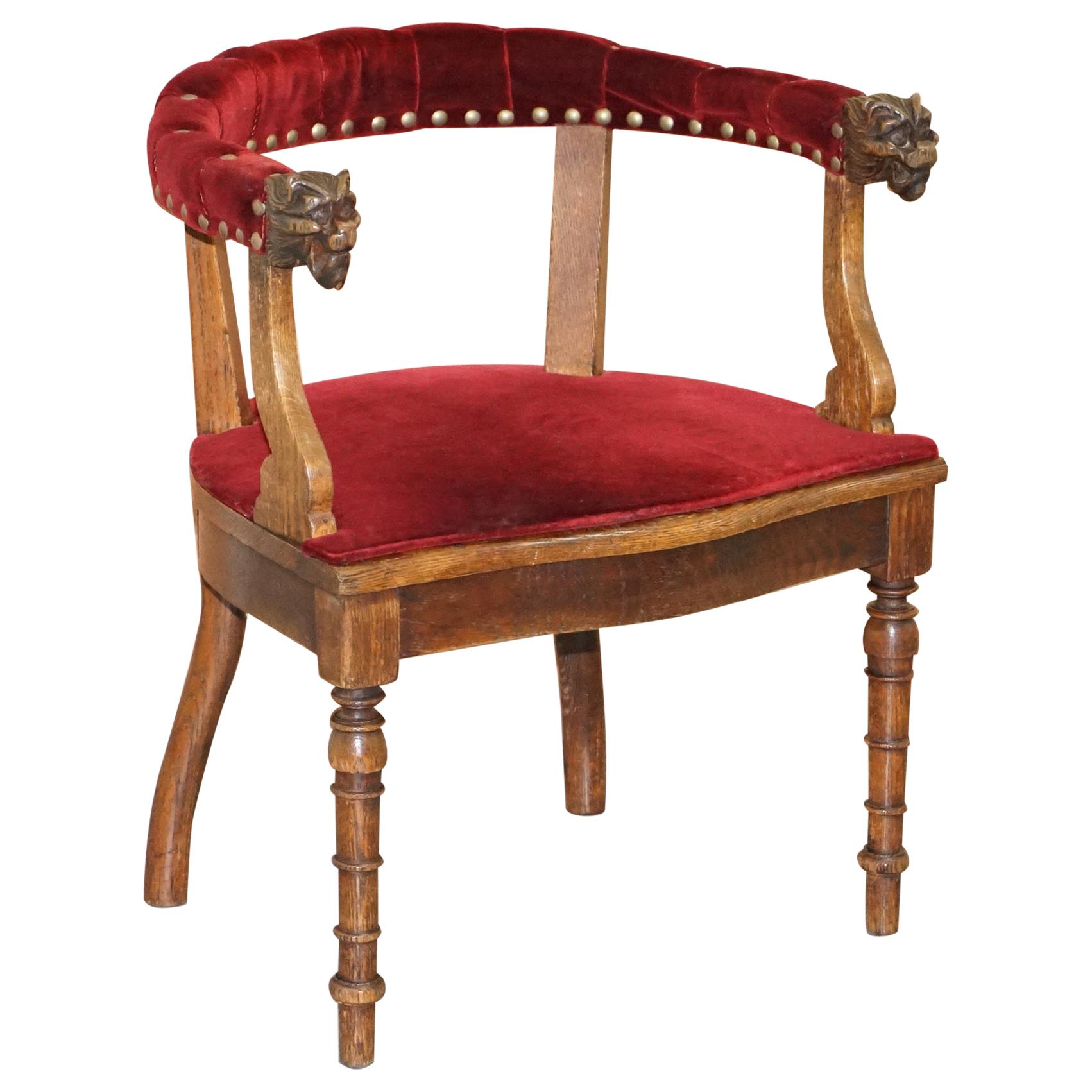 Lovely Antique Regency Oak Carved Bergere Armchair with Lions Head Arms Velvet For Sale