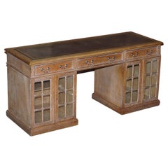 Lovely Antique Restored Limed Oak Twin Pedestal Partner Desk with Glazed Doors